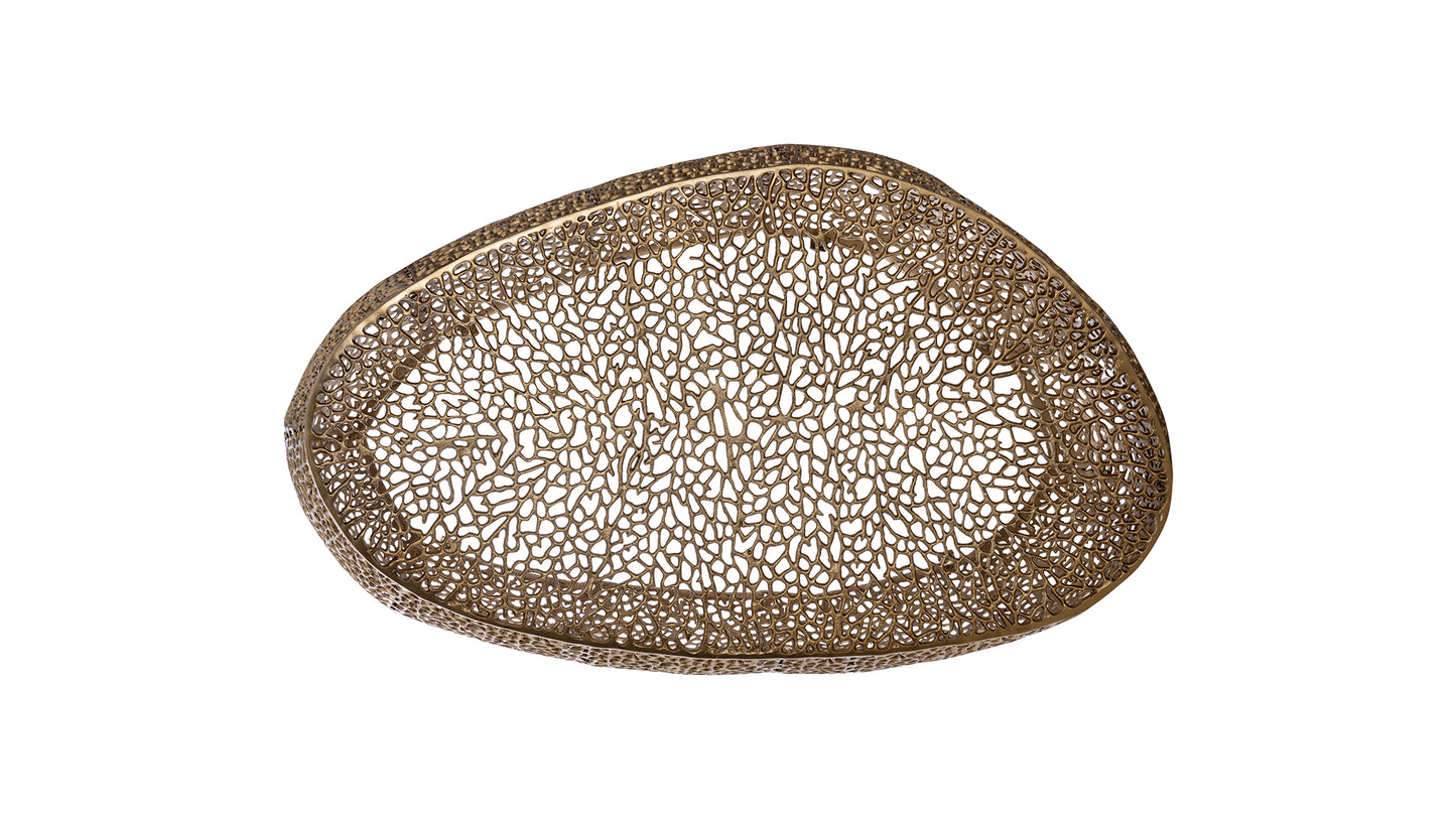 Antique brass decorative tray with intricate filigree pattern for home decor