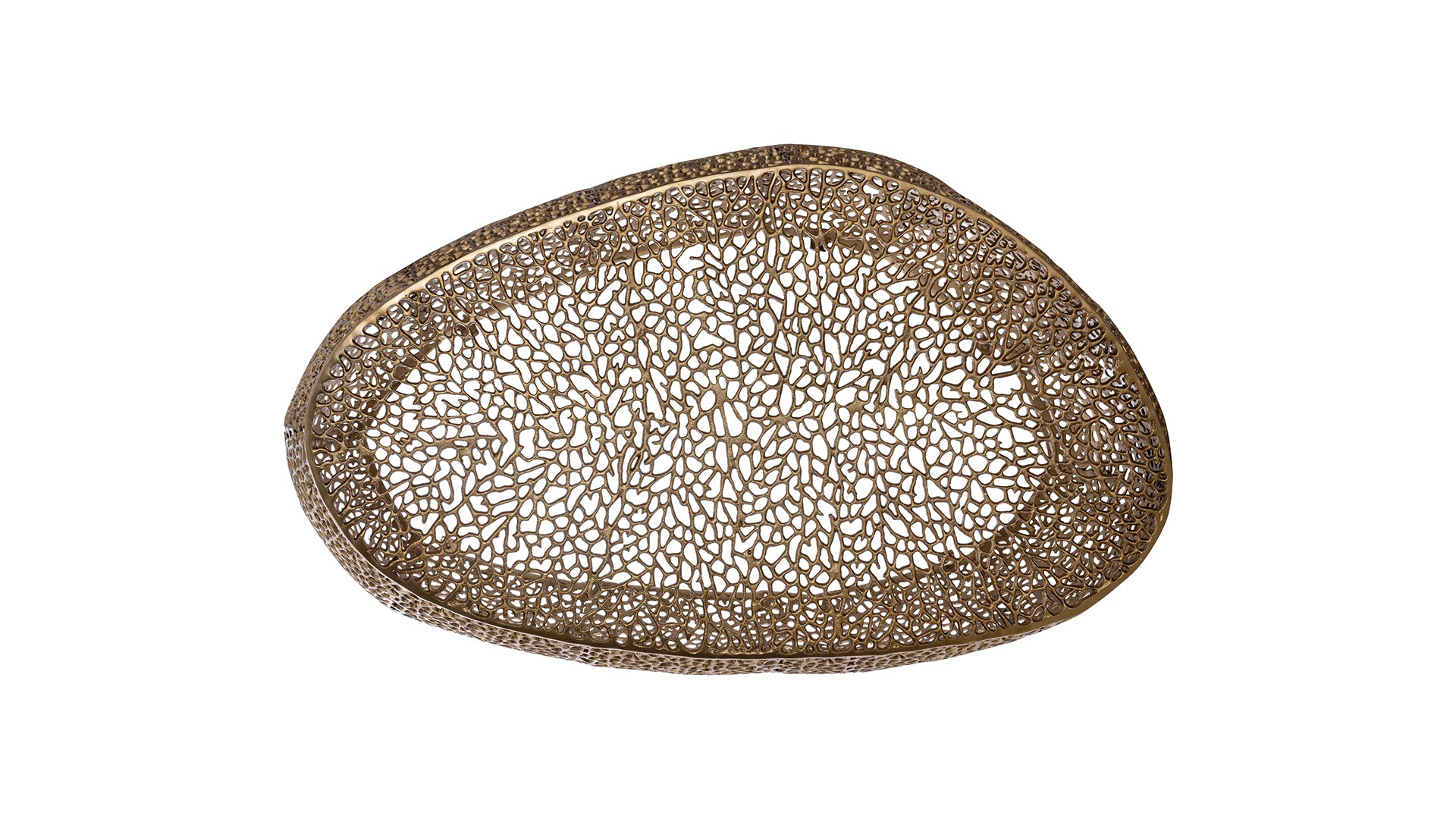 Antique brass decorative tray with intricate filigree pattern for home decor