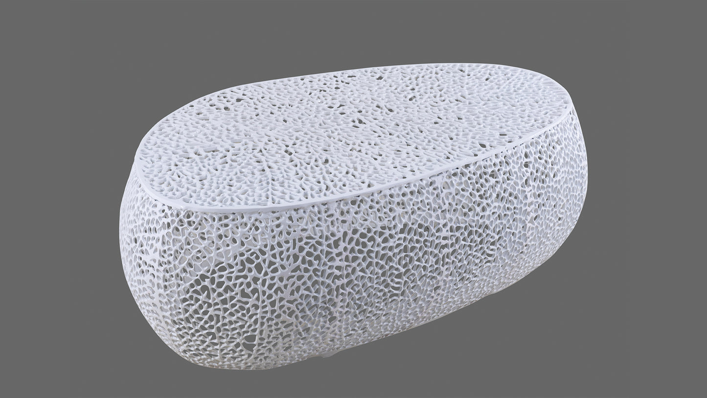 White modern organicshaped accent table with intricate lattice design