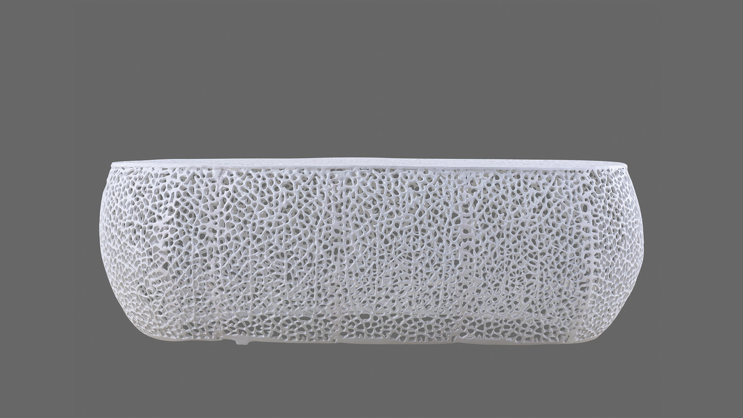 Textured white abstract coffee table with intricate organic lattice design and matte finish