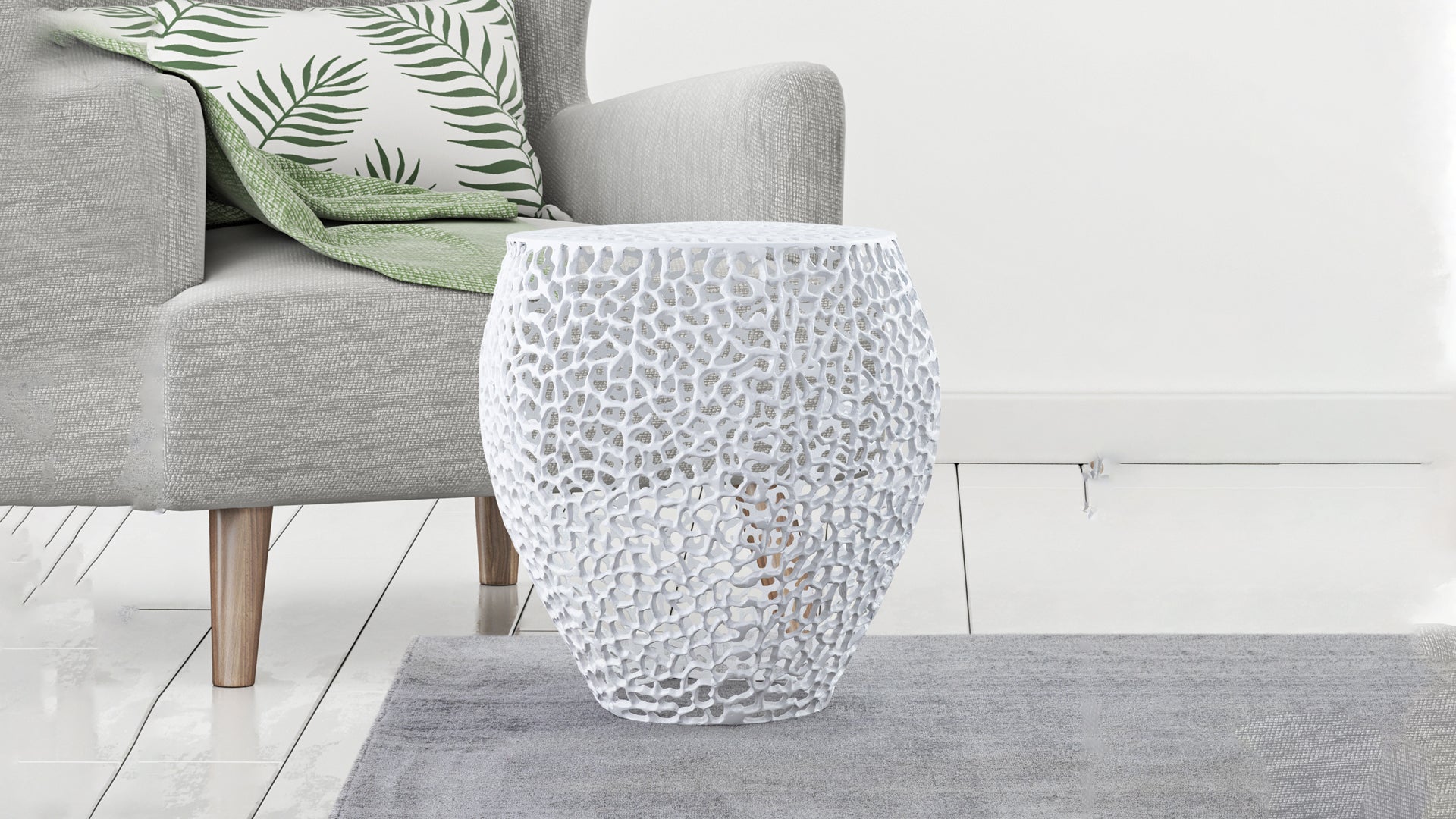 White lattice accent table with a modern organic design