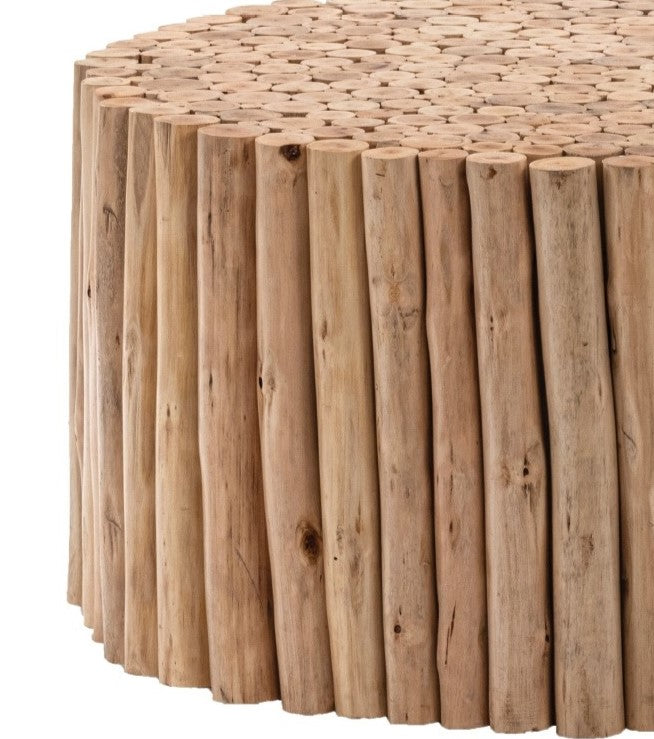 Round wooden side table with a unique logstyle design and natural wood finish