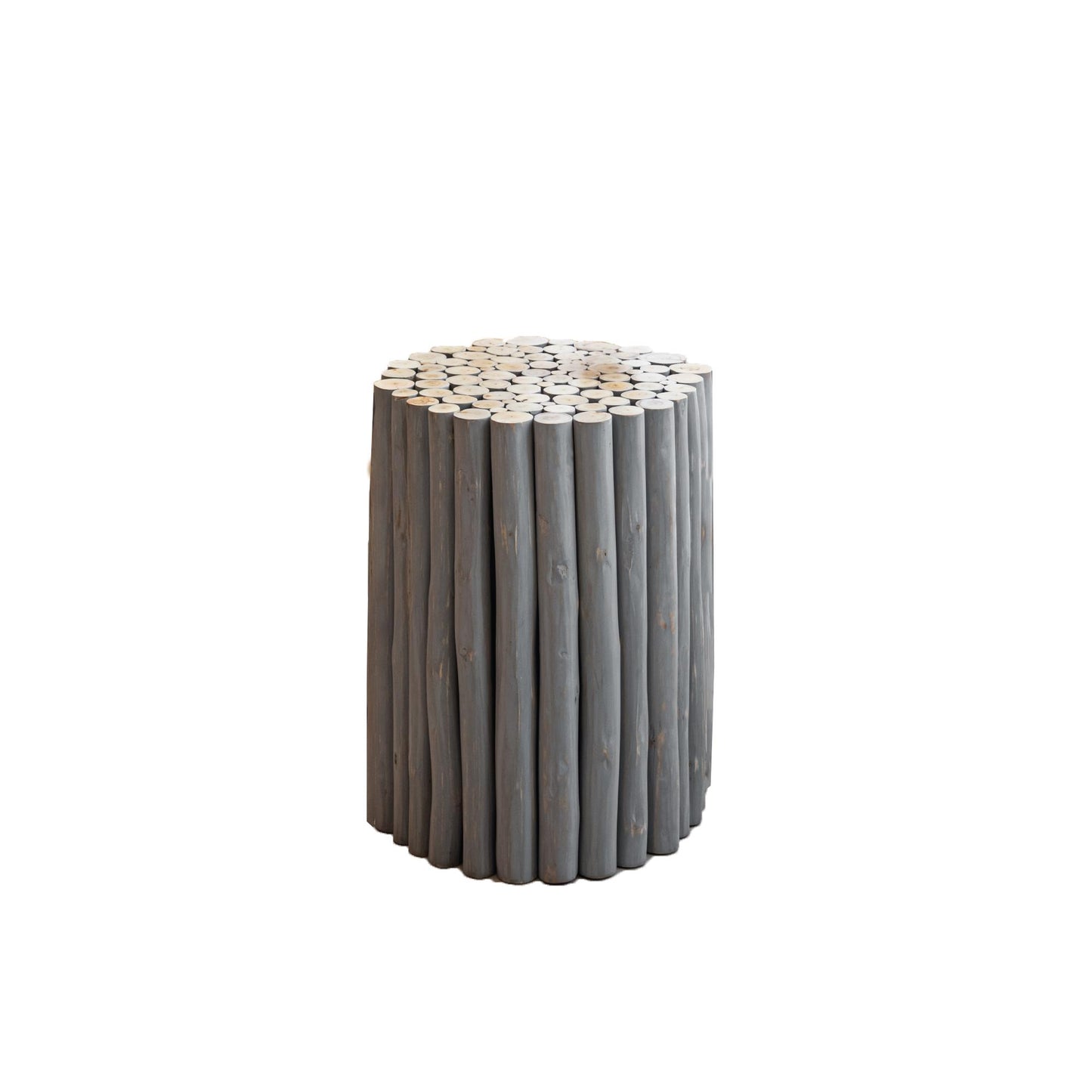 Rustic grey wood log stool with natural wood grain detail perfect accent table