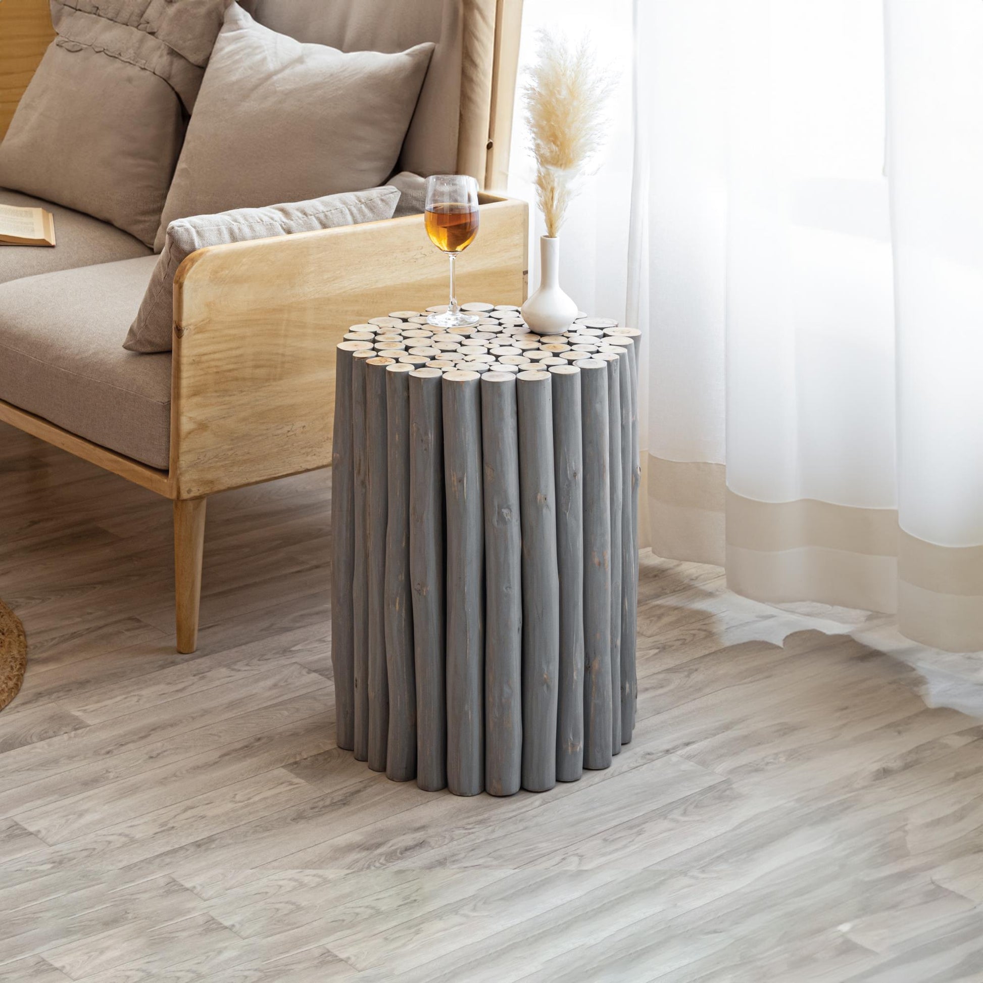 Rustic grey log side table with a natural wood top perfect accent piece