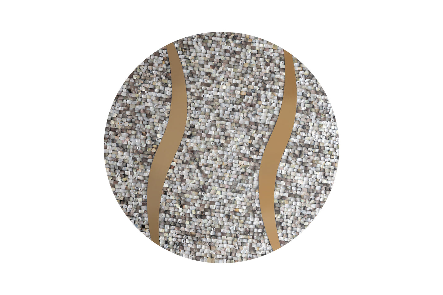 Circular mosaic wall art with natural motherofpearl tiles and gold inlay accents