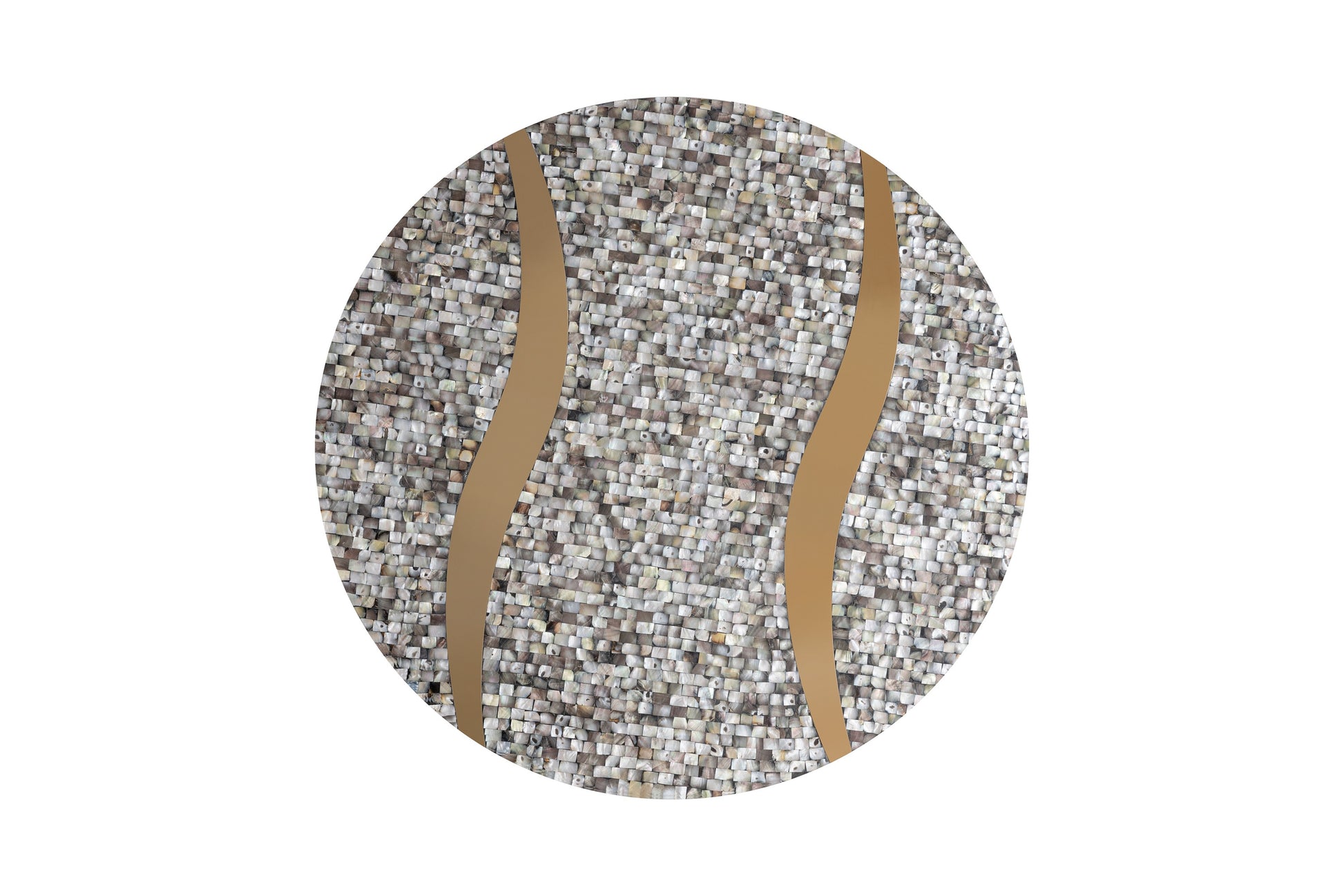 Circular mosaic wall art with natural motherofpearl tiles and gold inlay accents
