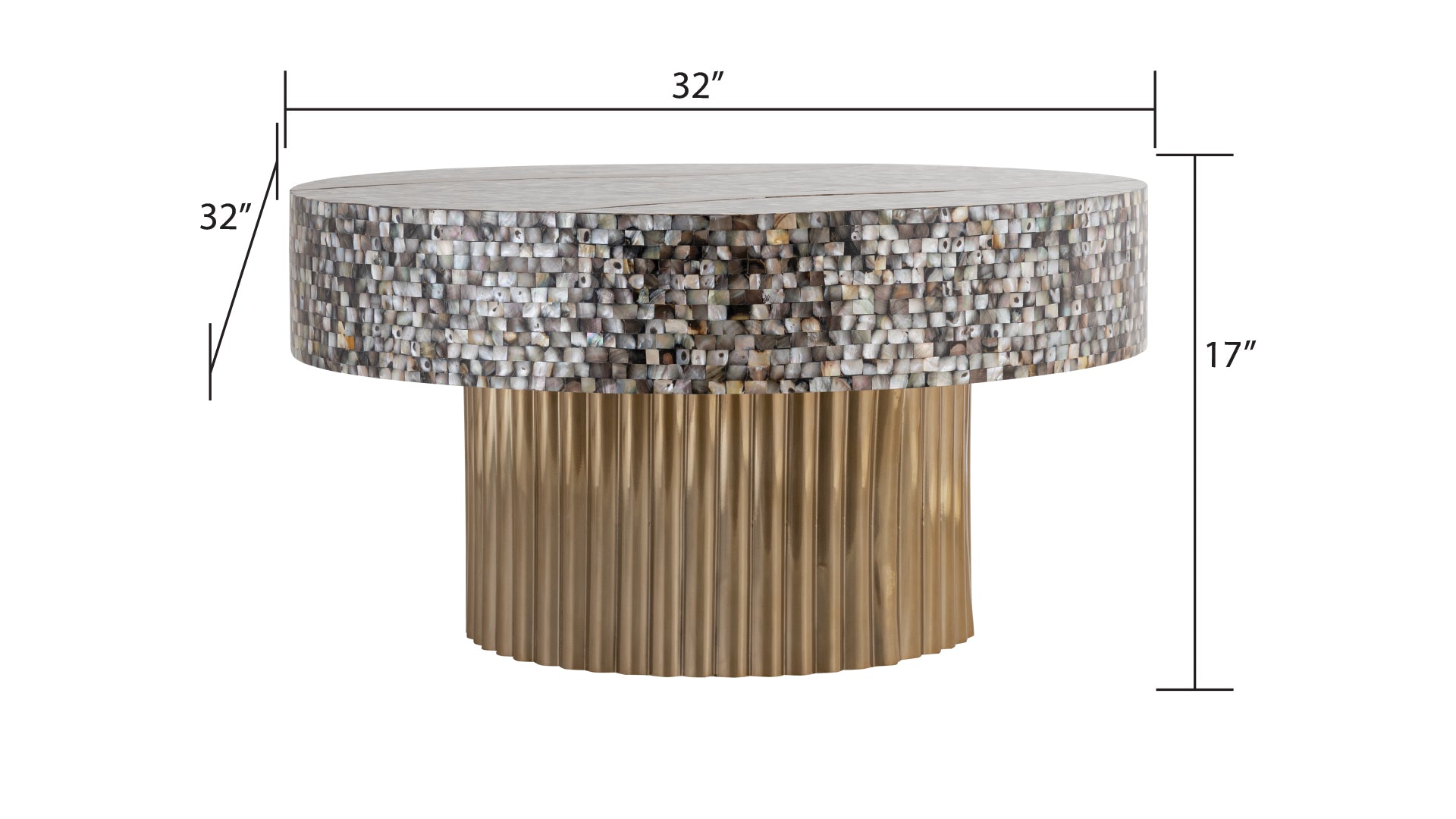 Round mosaic coffee table with mother of pearl inlay and gold fluted pedestal base