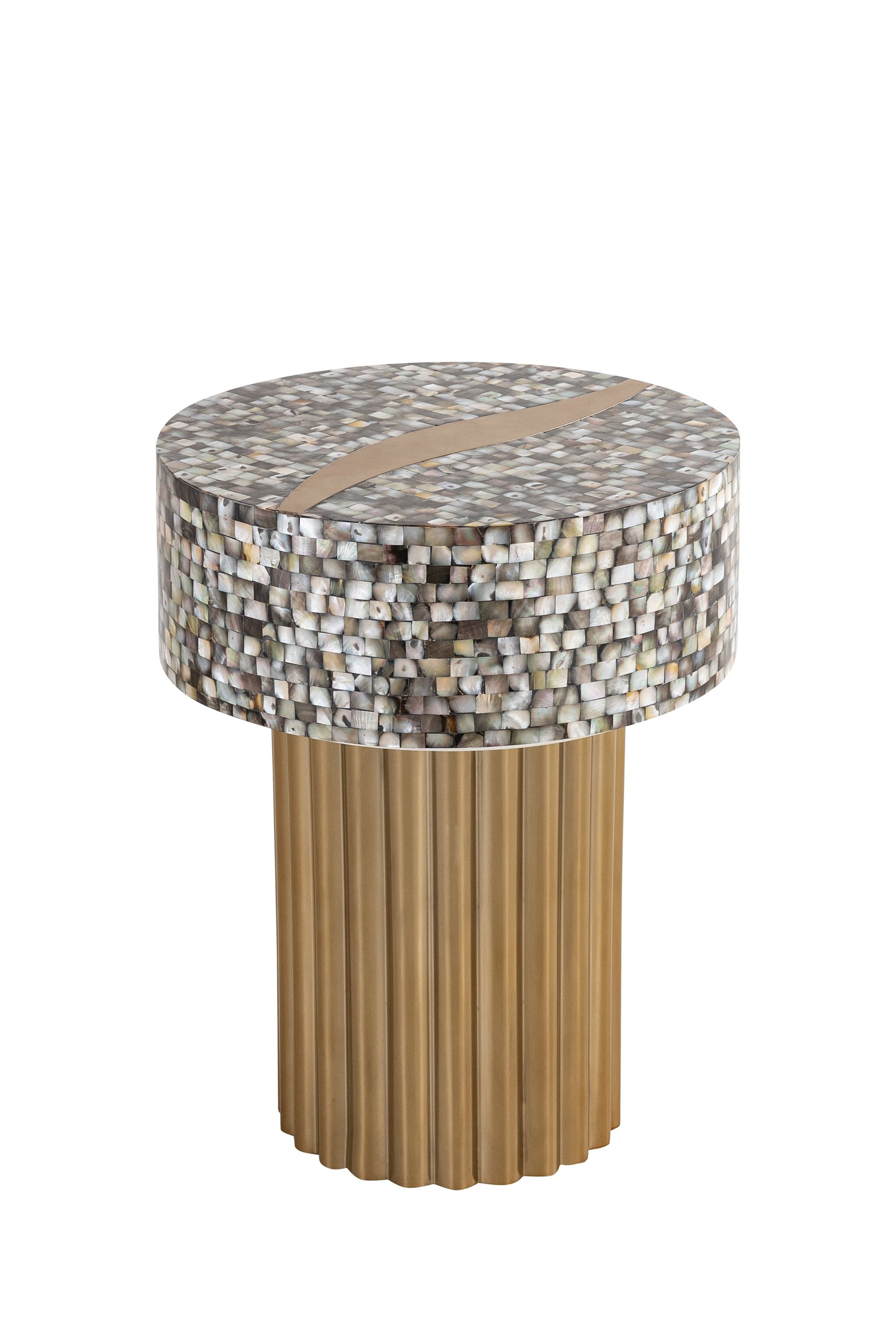 Round side table with mosaic mother of pearl top and fluted brass base