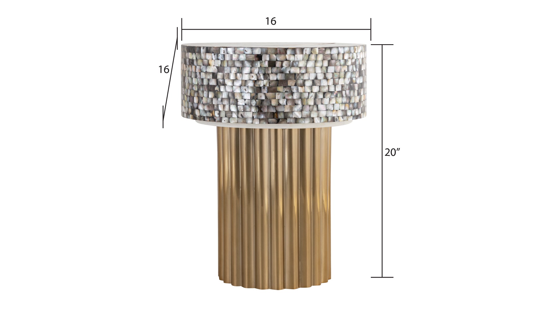 Capiz shell mosaic accent table with gold fluted pedestal base  high
