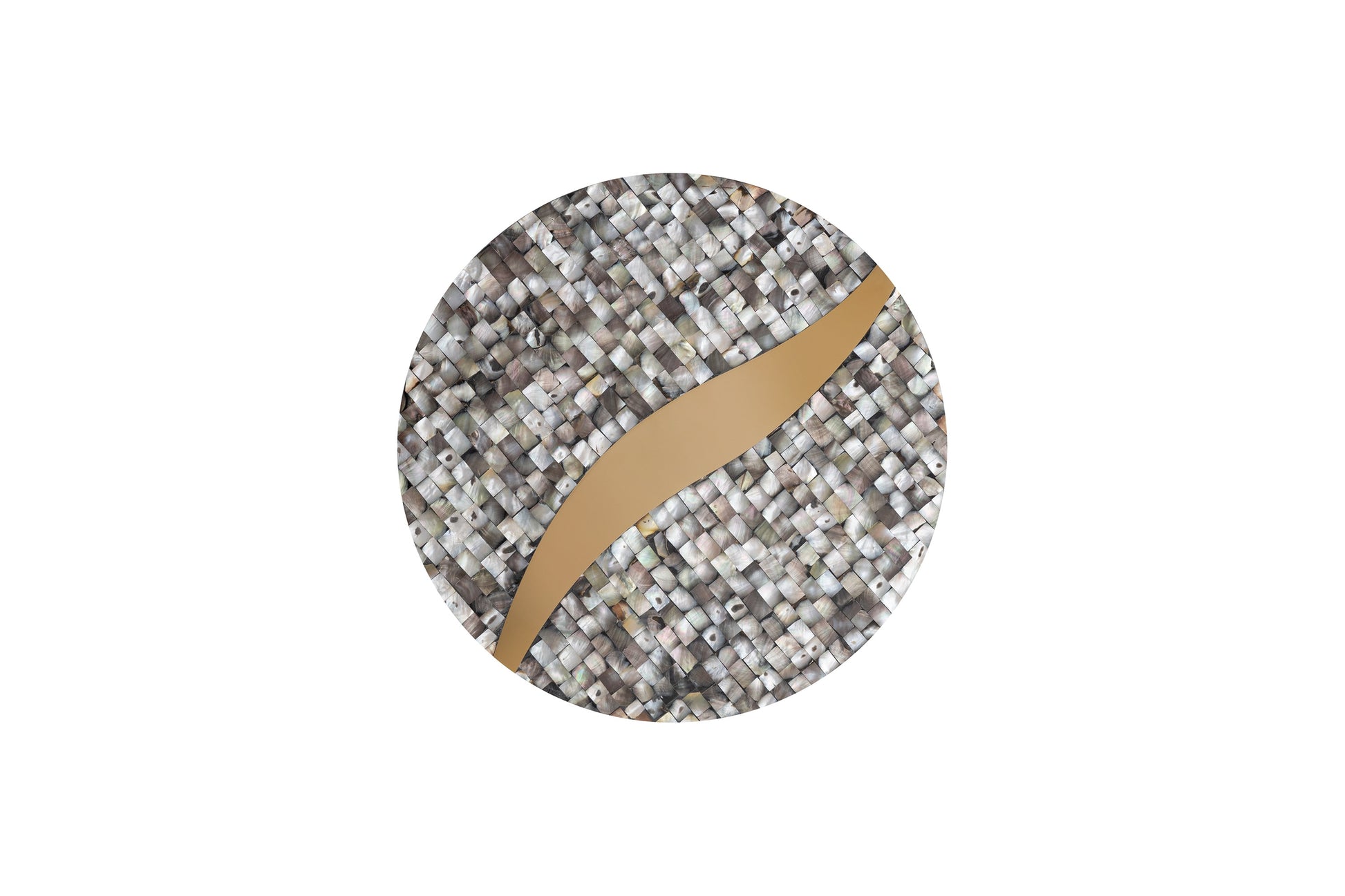 Round decorative mosaic coaster with mother of pearl tiles and gold inlay accent