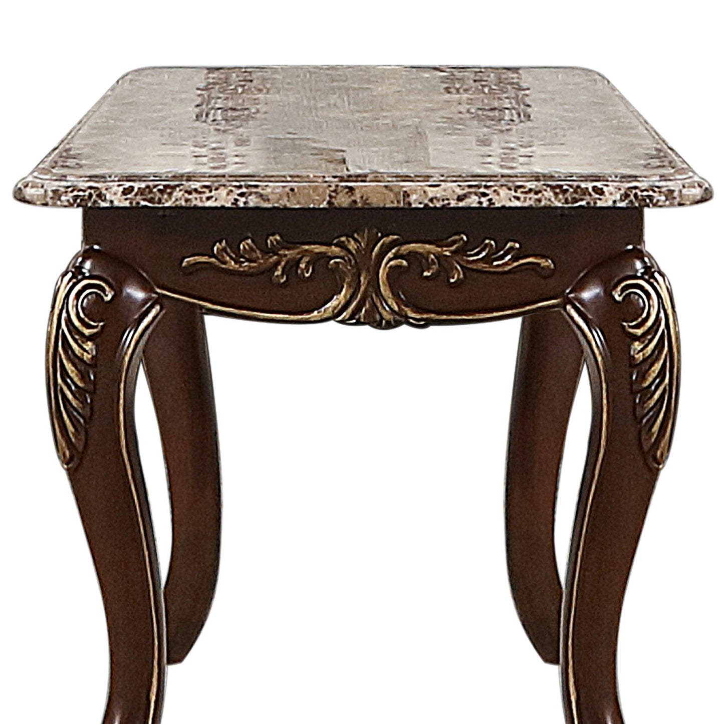 Ornate brown end table with marble top and gold accents