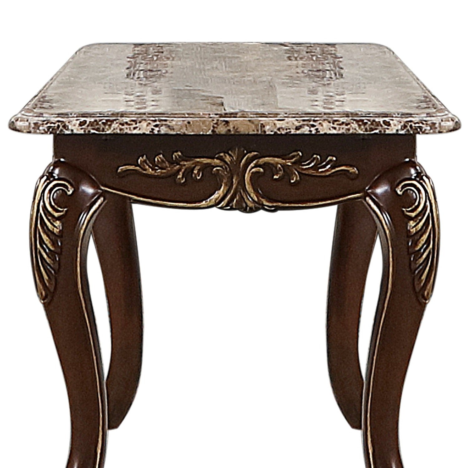 Ornate brown end table with marble top and gold accents