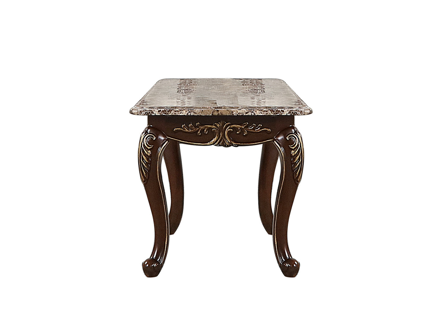 Elegant mahogany end table with marble top and ornate carvings