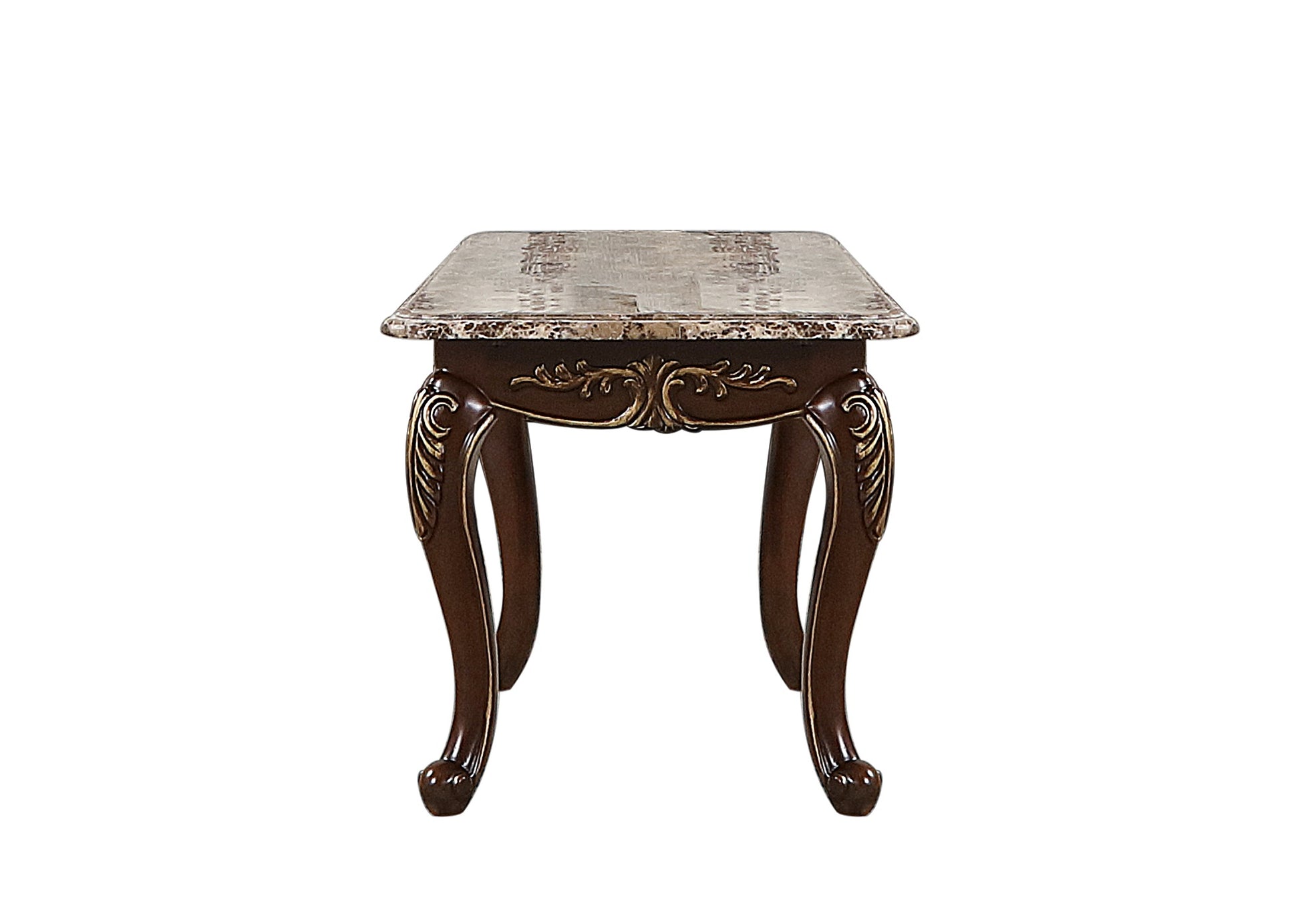 Elegant mahogany end table with marble top and ornate carvings