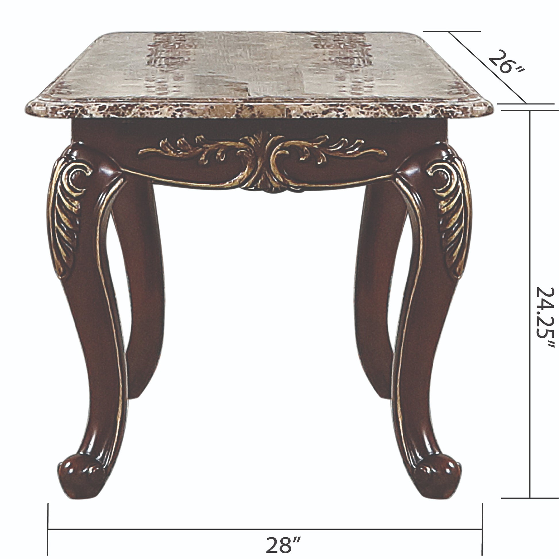 Ornate dark wood end table with marblepatterned top and gold accents
