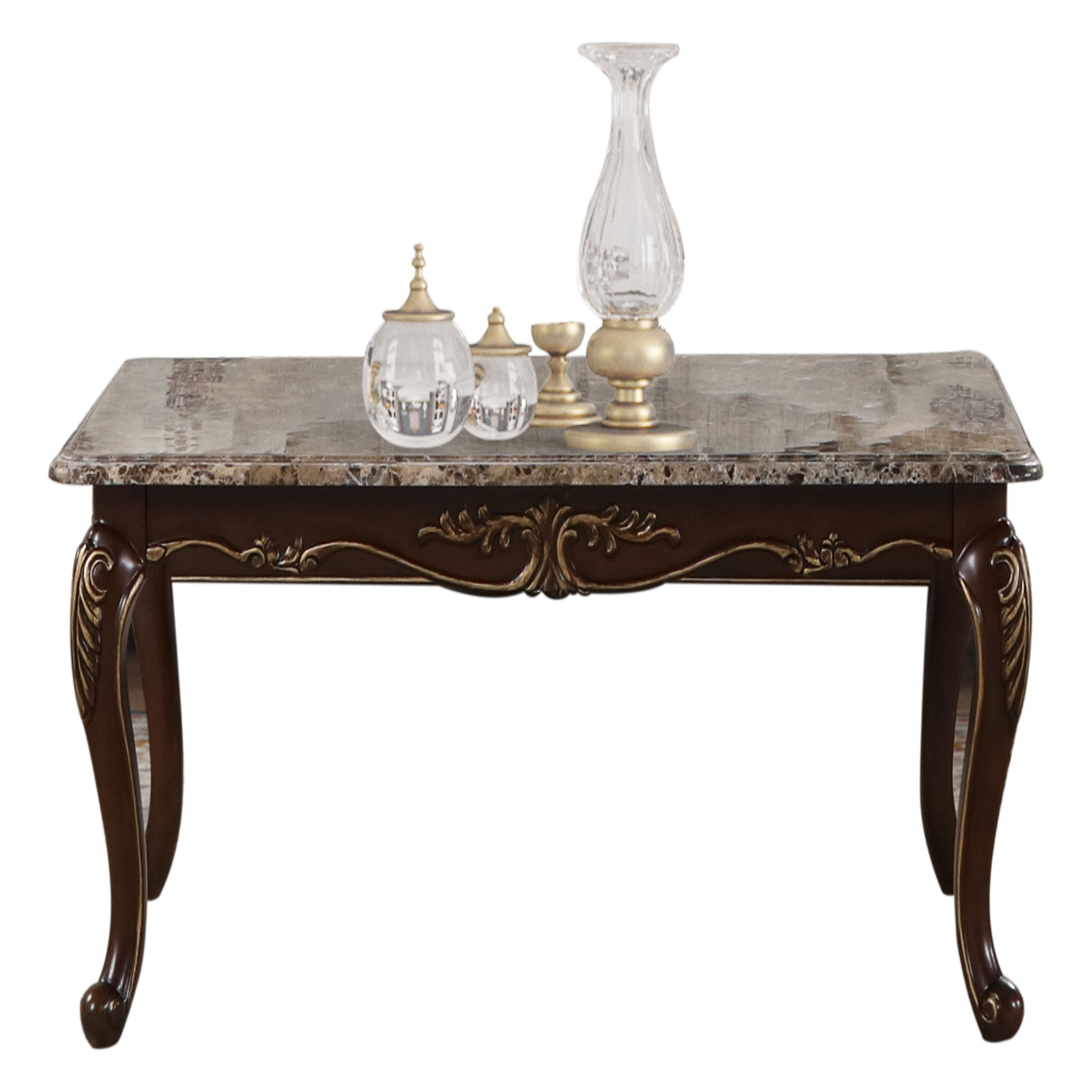Elegant dark wood coffee table with marble top and ornate gold accents A classic living room furniture piece