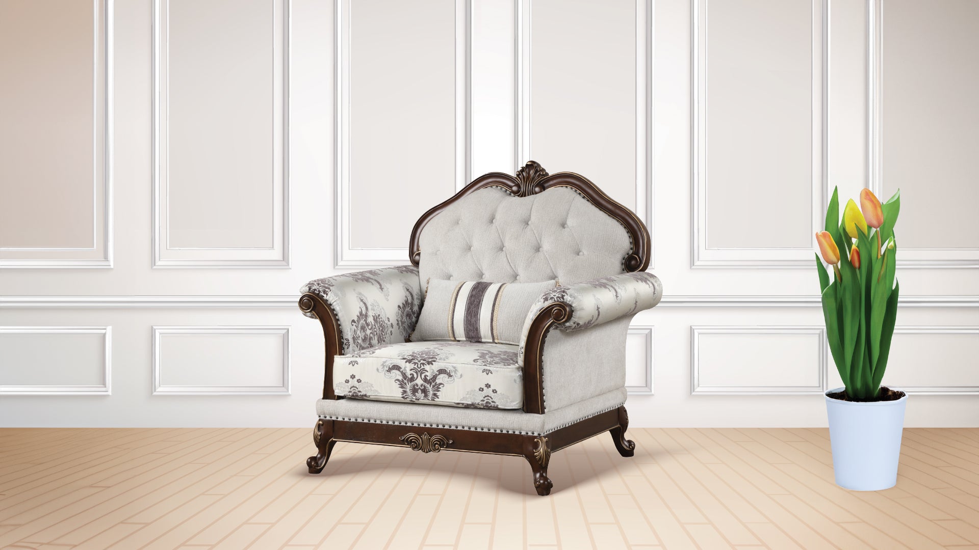Luxurious tufted armchair with floral upholstery and ornate wood trim