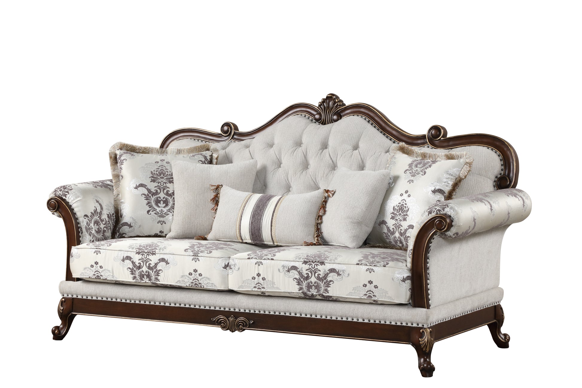 Elegant tufted back sofa with ornate damask fabric and carved wooden frame for luxurious living rooms
