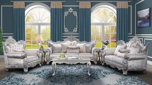 Ornate silver baroque sofa set with velvet upholstery and intricate carvings for a luxurious living room