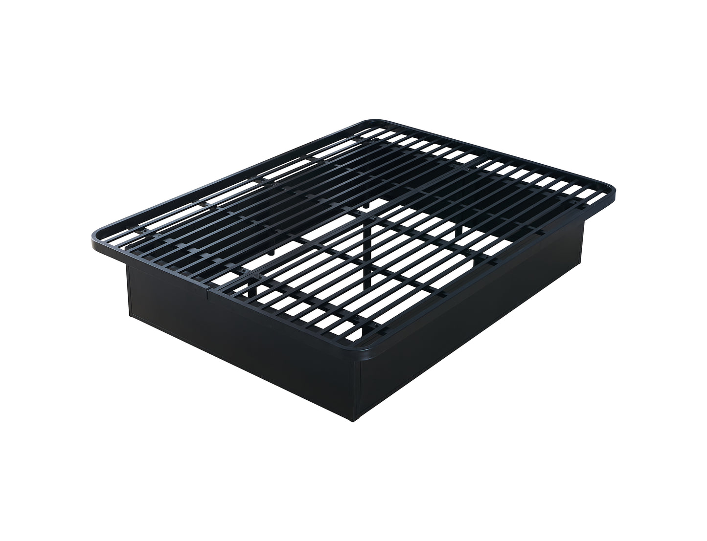 Black metal platform bed frame with minimalist slatted design