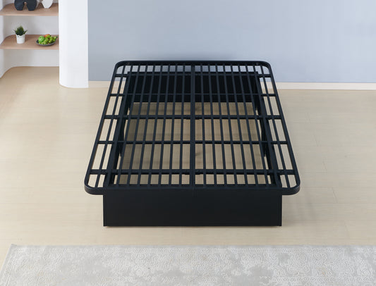Black metal platform bed frame with durable slats offering modern support