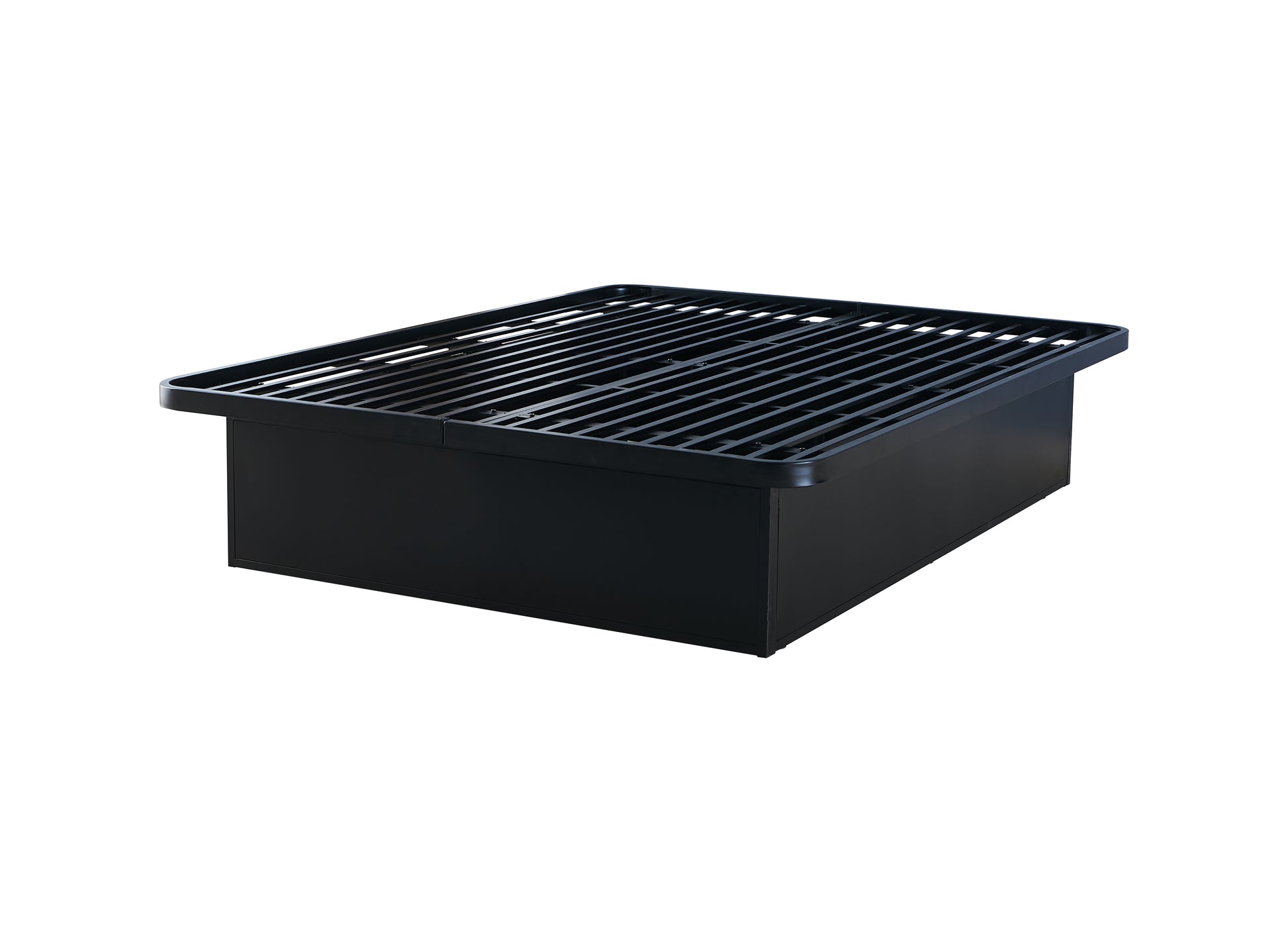 Black stainless steel grill grate with a rectangular cooking surface and black metal housing