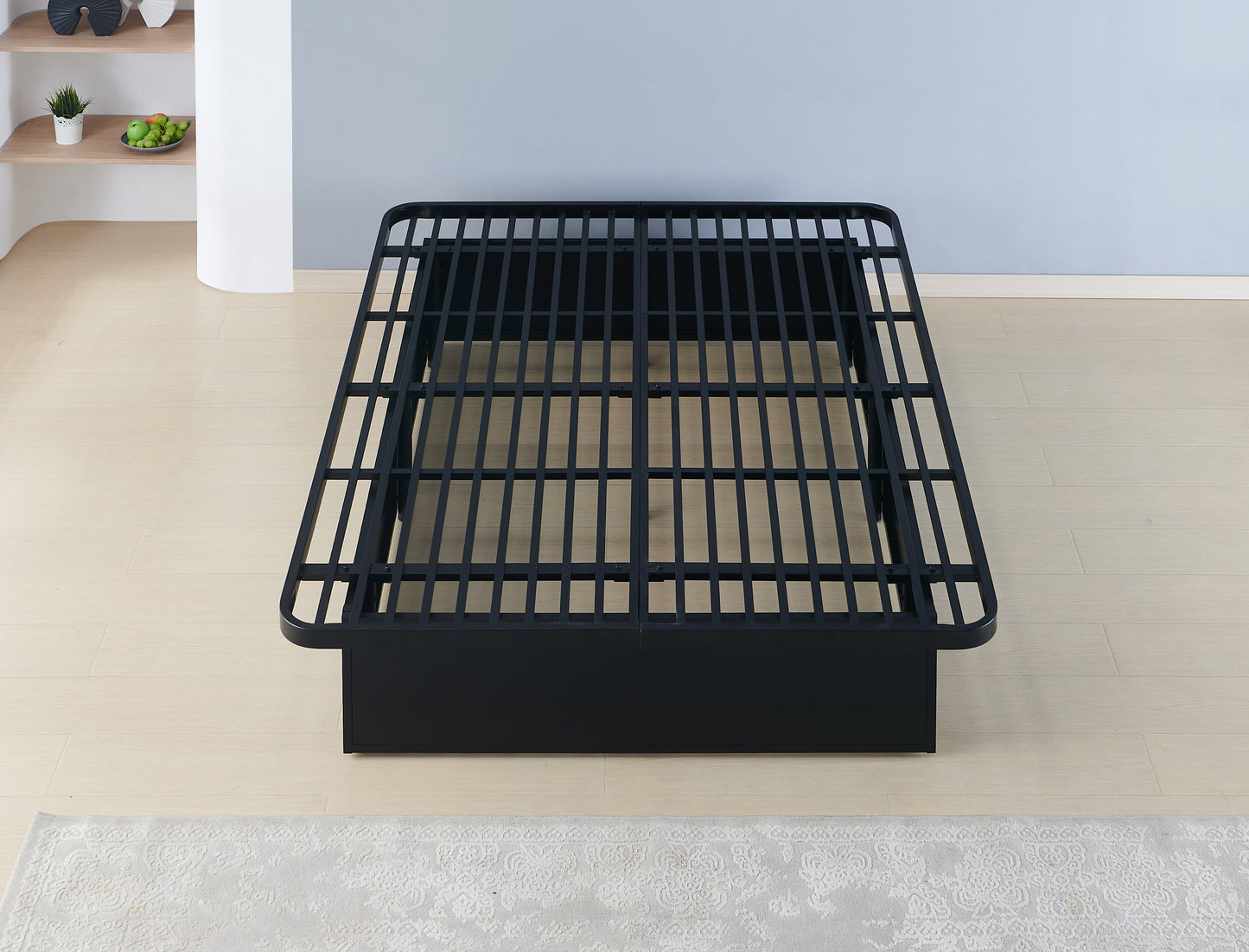 Black metal platform bed frame with slatted design queen size