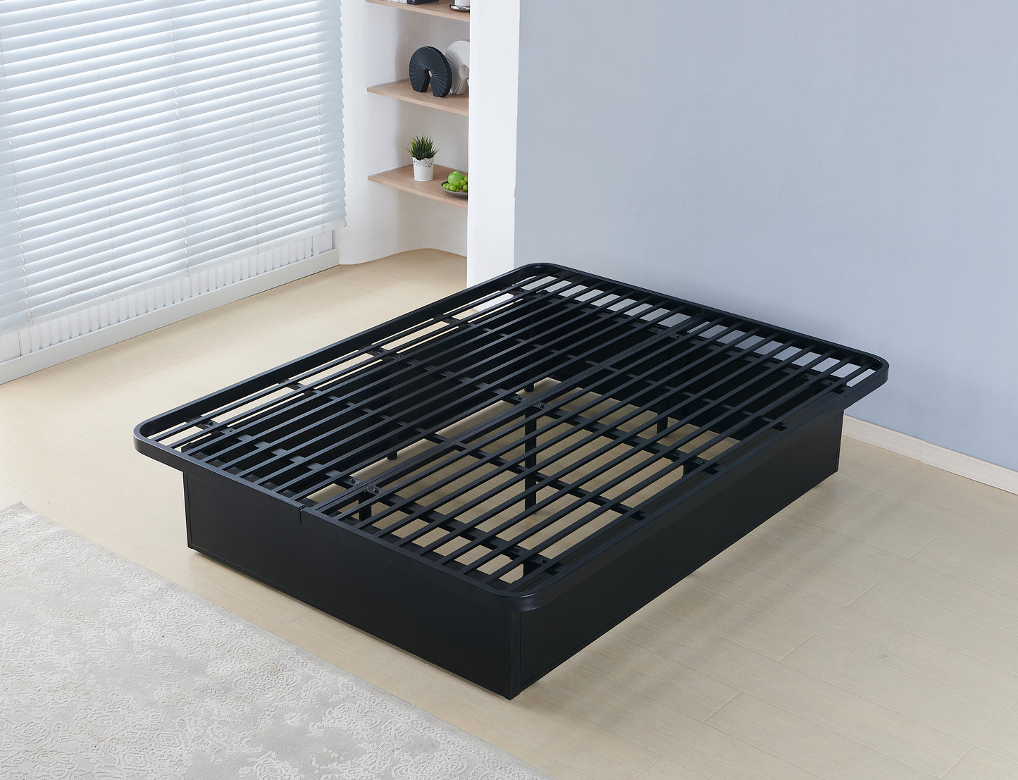 Black metal bed frame with a sturdy slat support system queen size