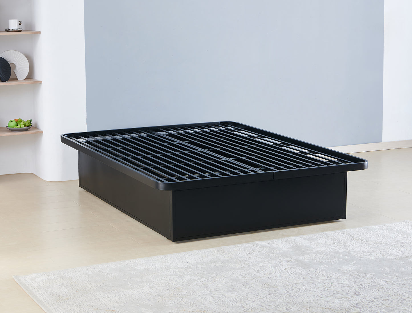 Modern black metal bed frame with slatted support queen size foundation