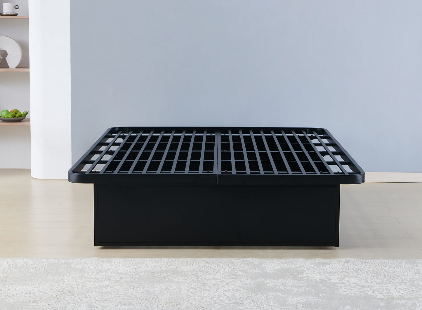 Black metal platform bed frame with squared legs and a sturdy mattress support