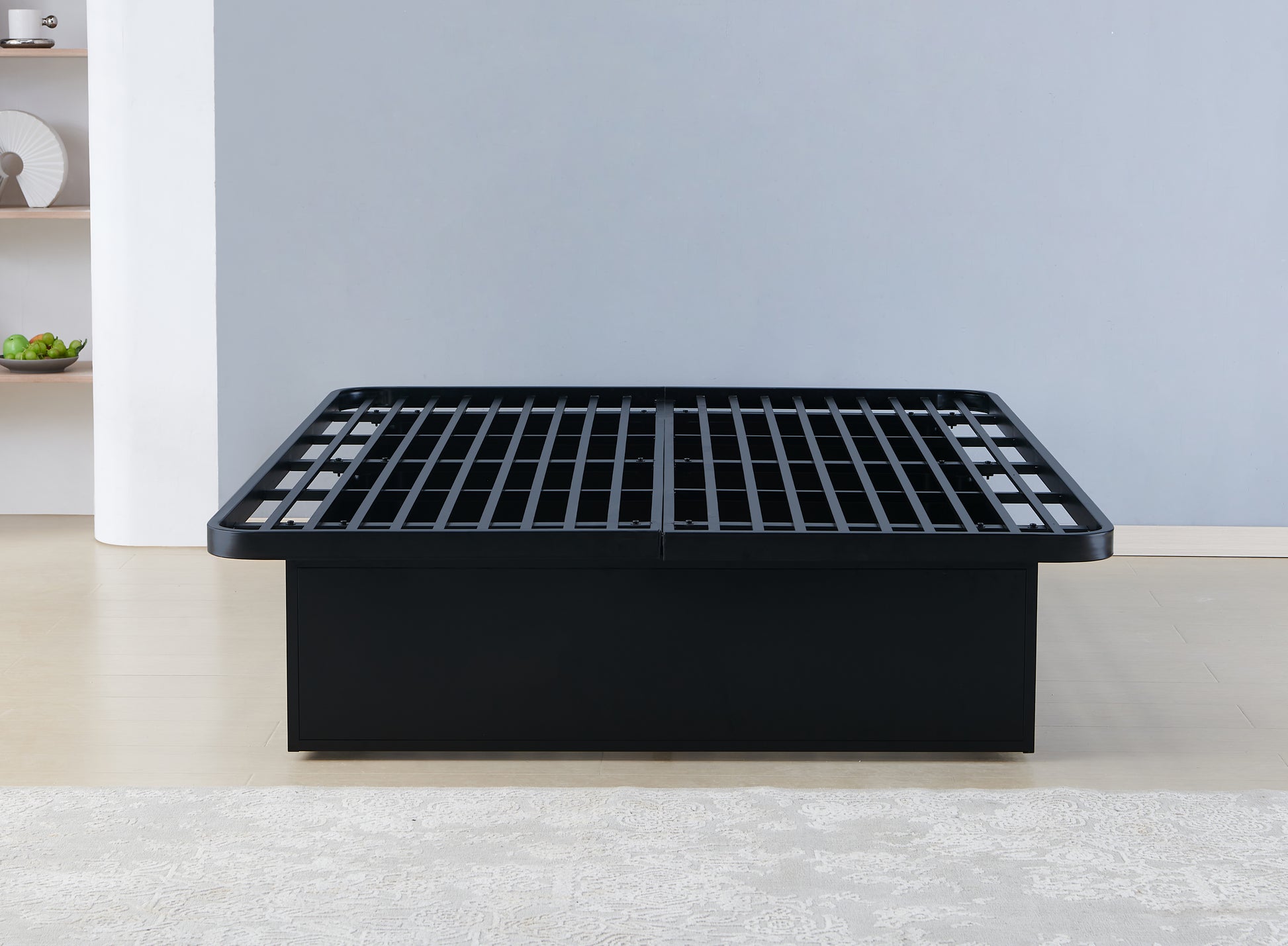 Black metal platform bed frame with squared legs and a sturdy mattress support