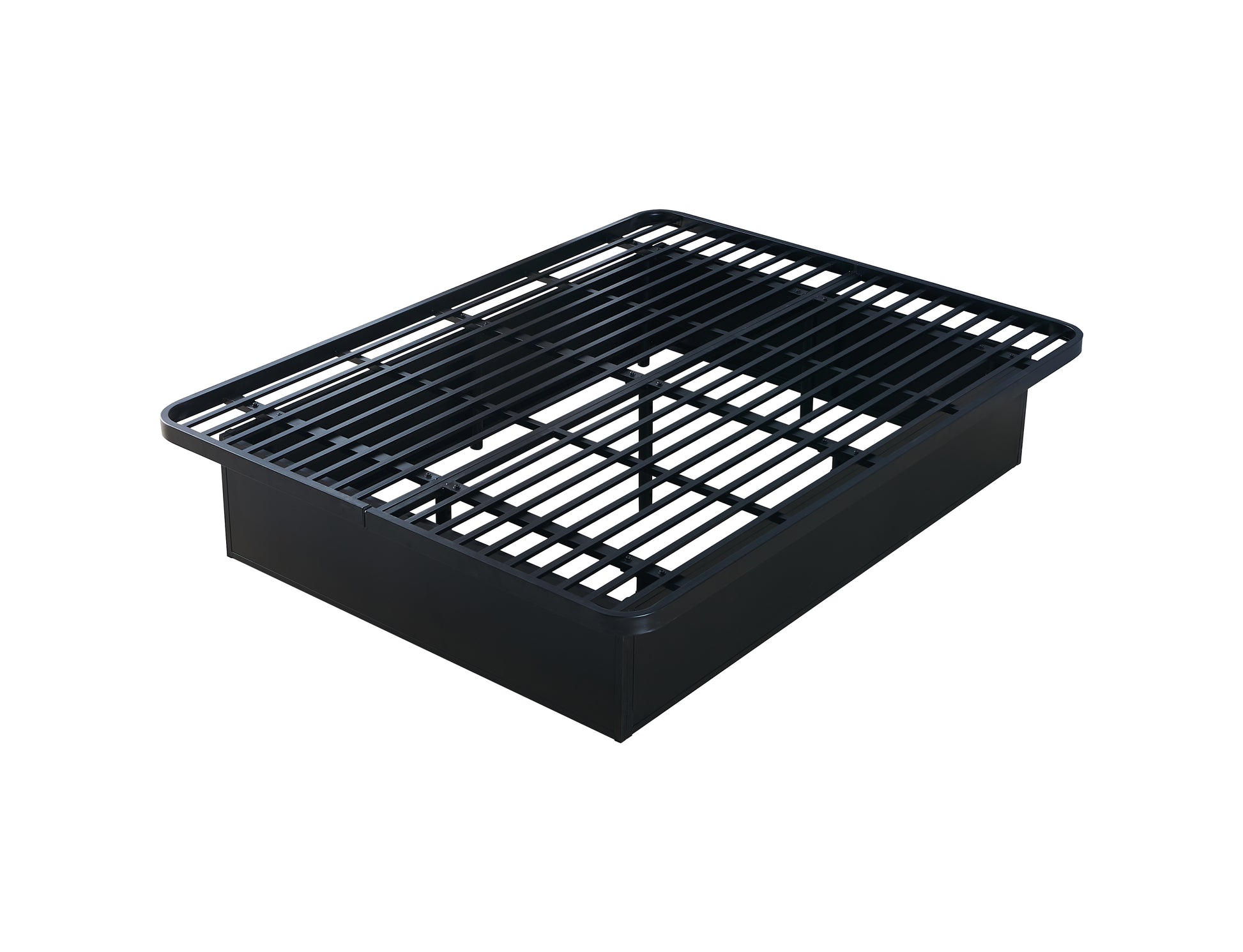 Black metal bed frame with slatted platform support