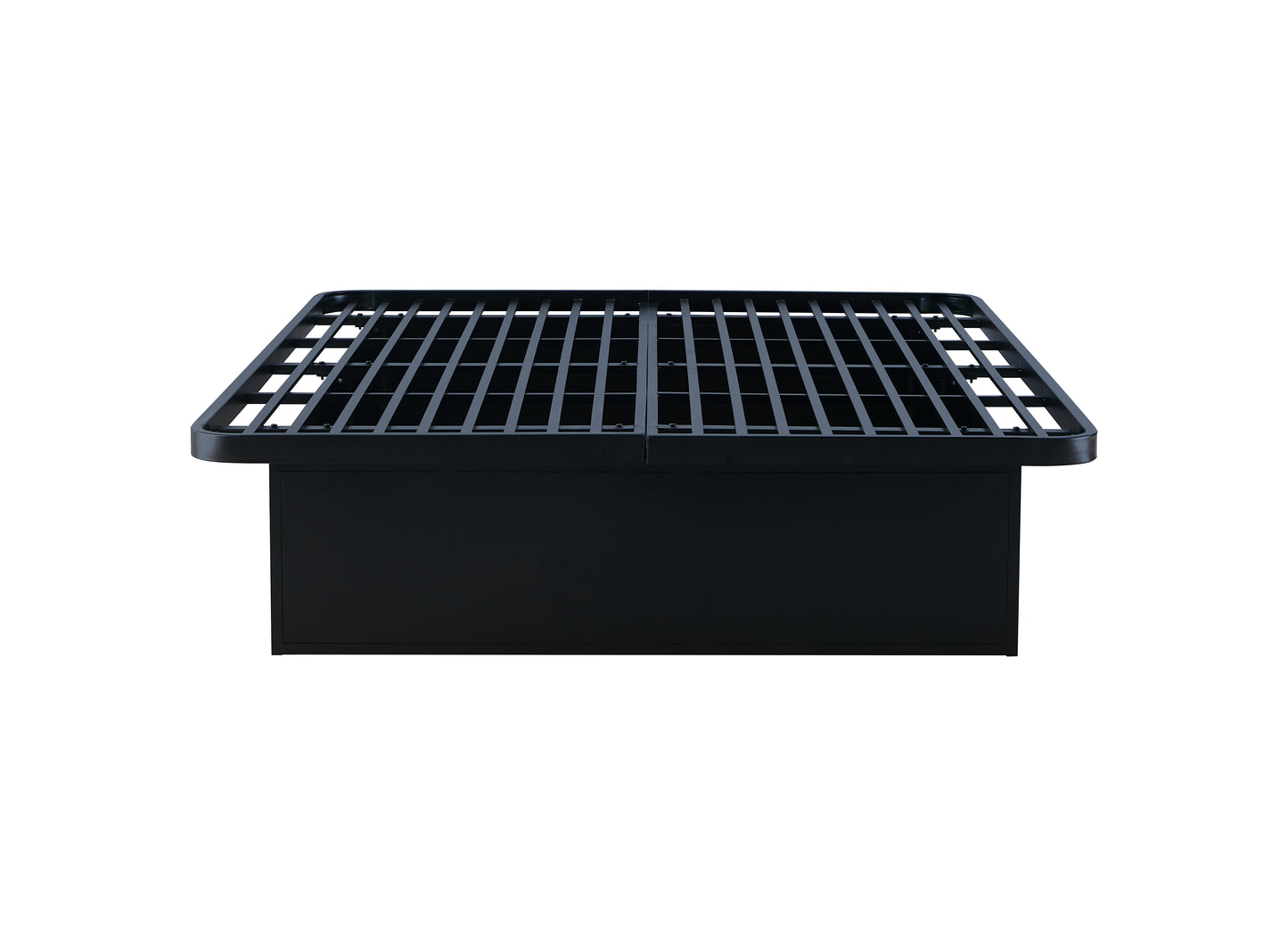 Black metal bed frame with a minimalist slat design queen size