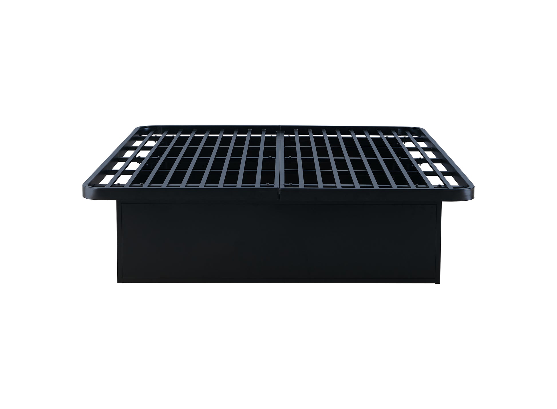 Black metal bed frame with a minimalist slat design queen size