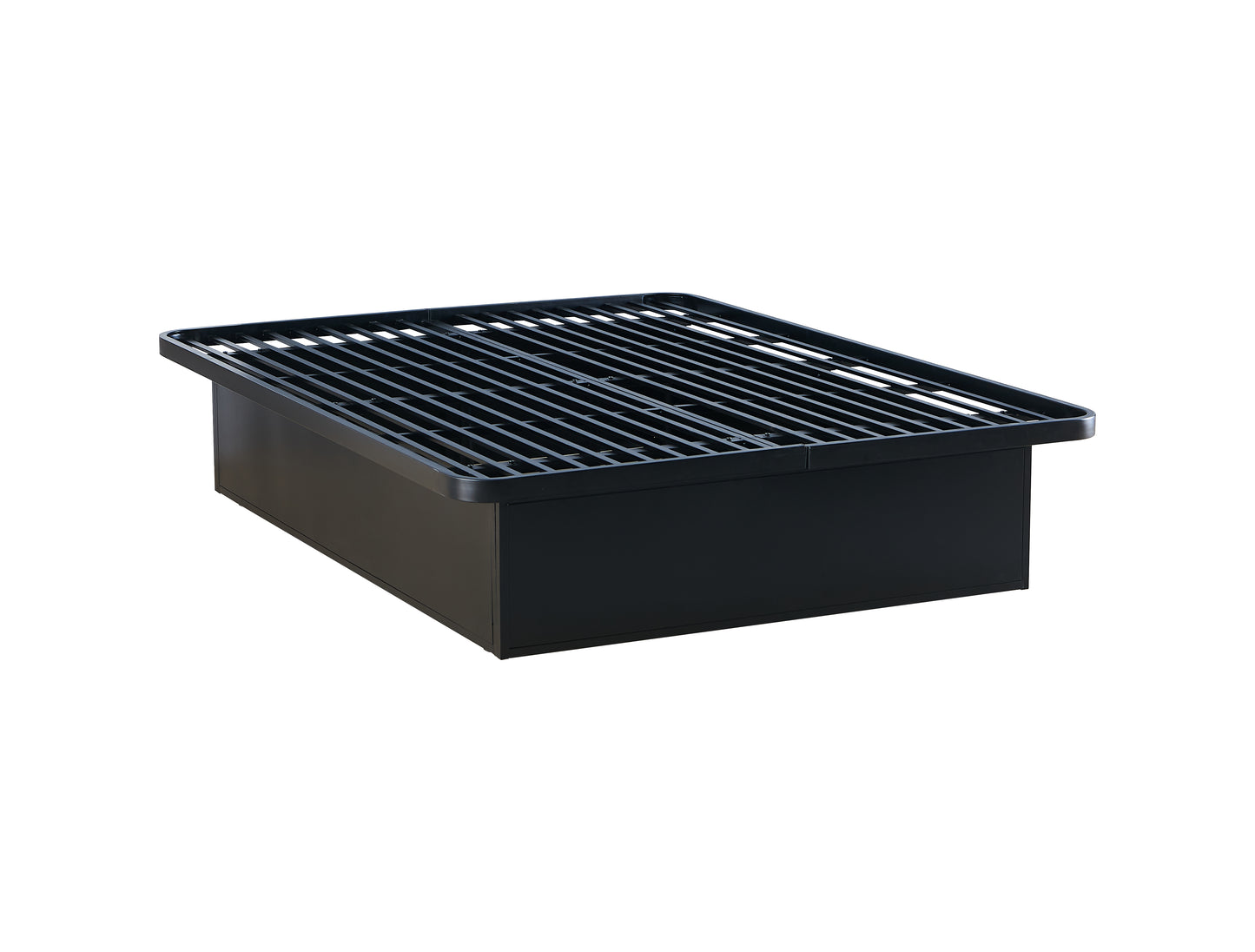 Sleek black metal bed frame with a slatted mattress support for durability