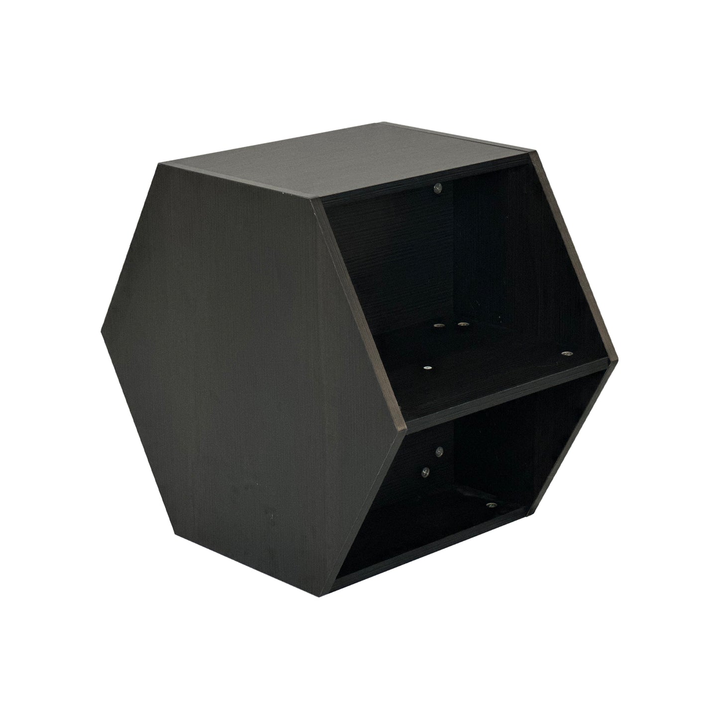 Geometric hexagon shelf in dark charcoal wood finish ideal for modern decor
