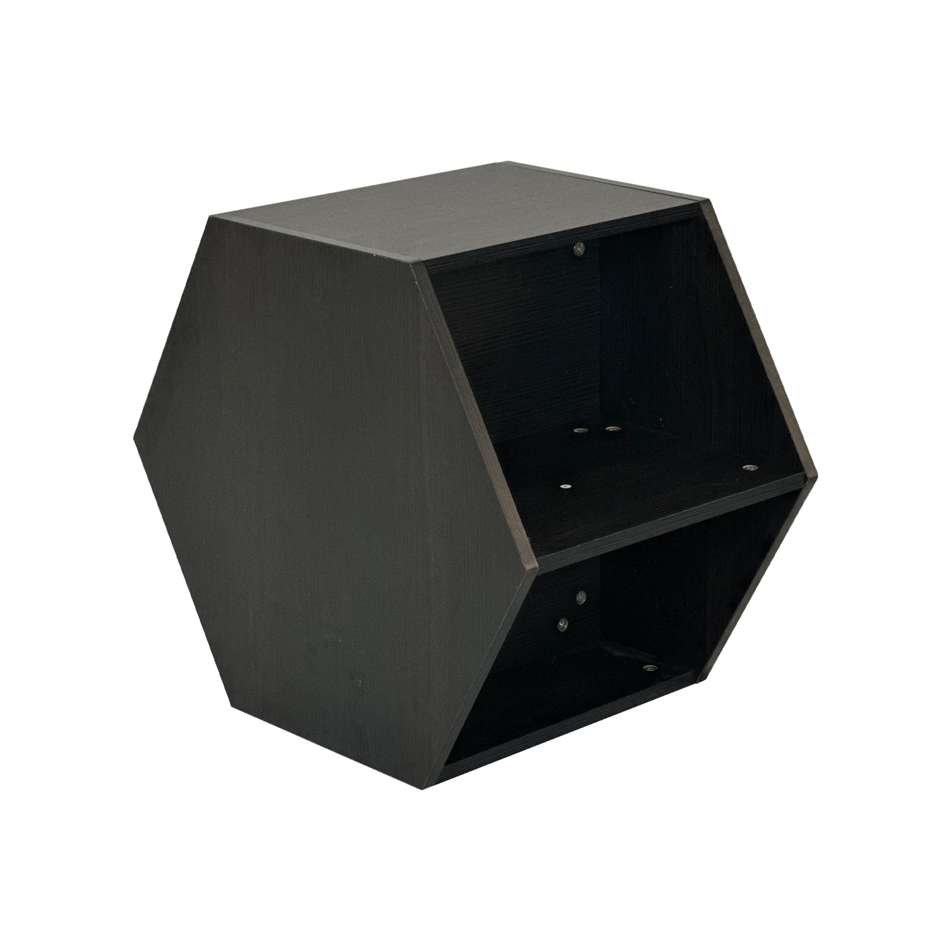 Geometric hexagon shelf in dark charcoal wood finish ideal for modern decor