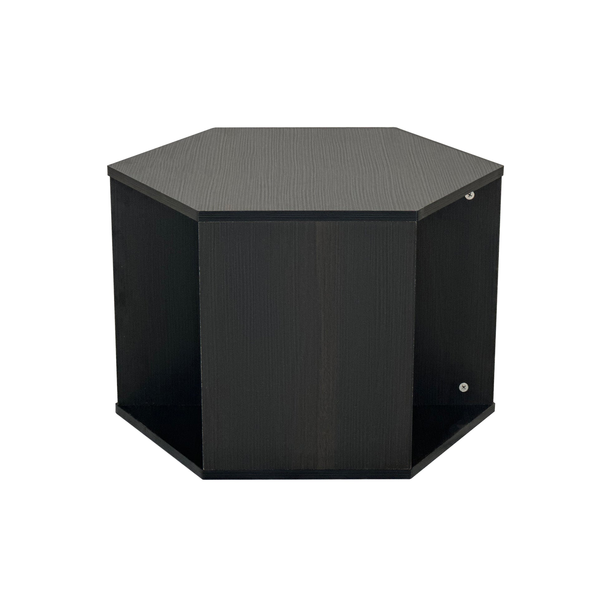Dark wood hexagonal side table with open shelf and wood grain detail
