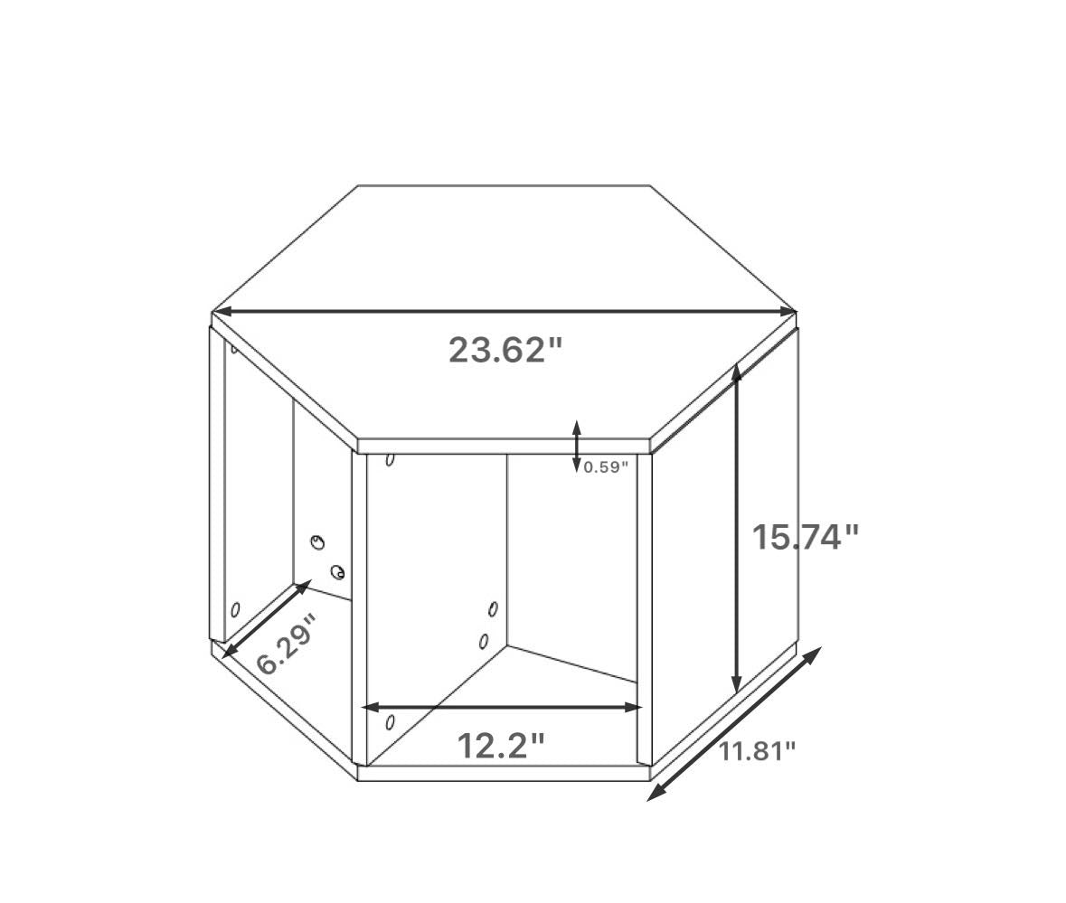 Diagram of a hexagonal cabinet with dimensions labeled  width  height  depth
