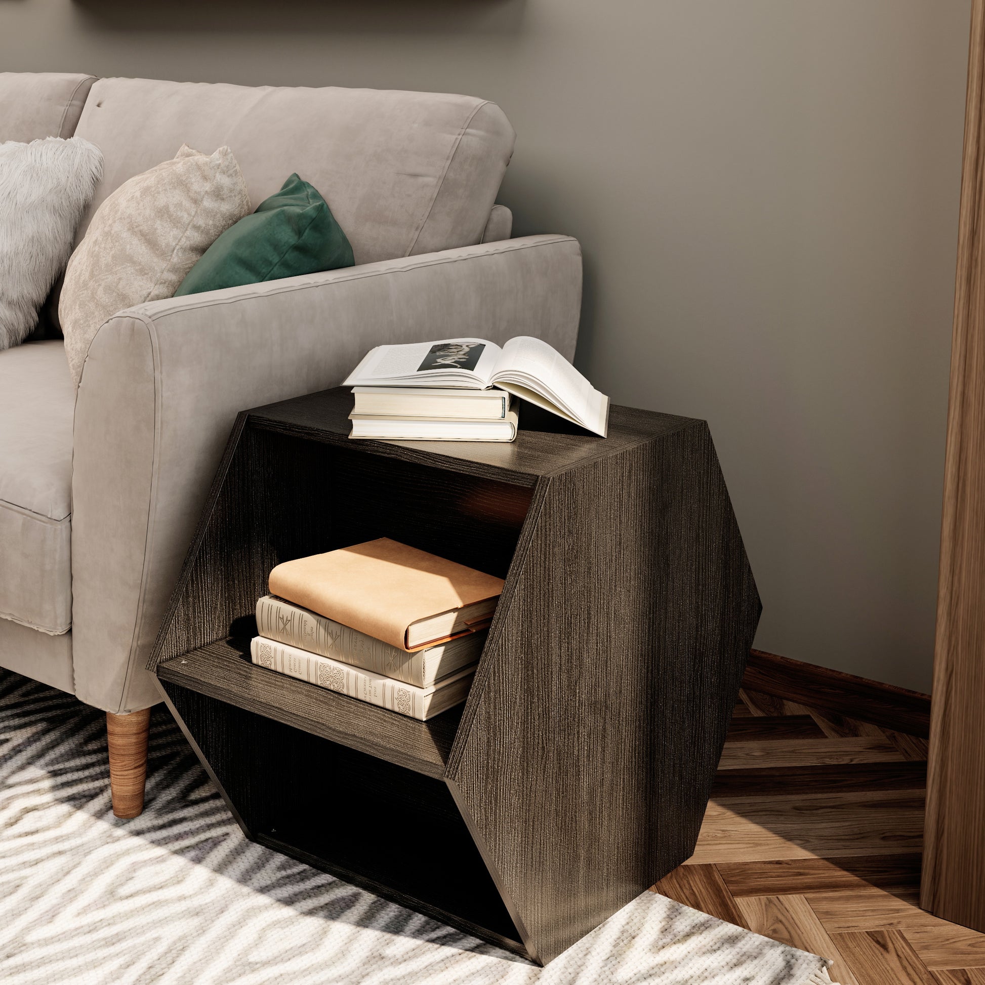 Modern geometric dark wood accent table with open shelf holding stacked books