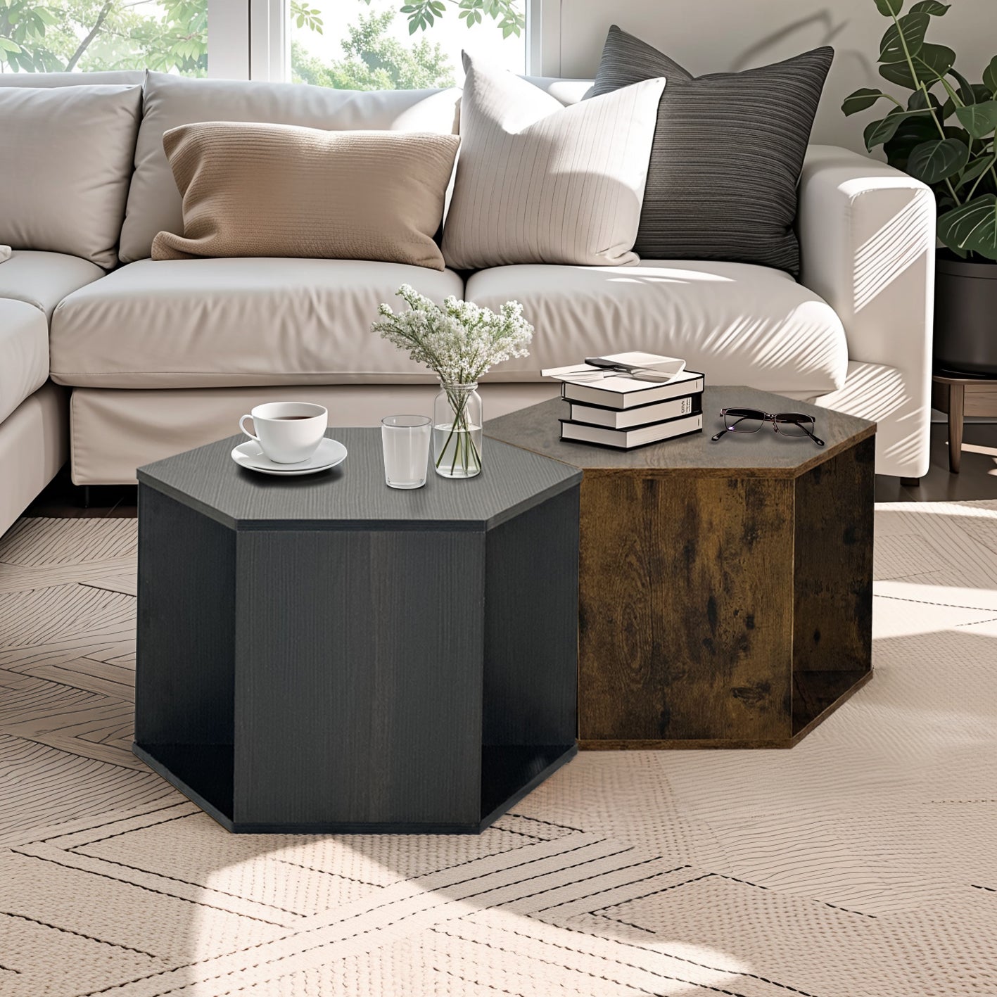 Dark gray hexagonal end table with open storage perfect for modern living rooms