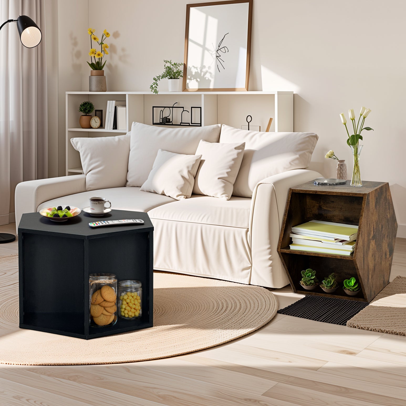 Black hexagonal end table with open shelving perfect for living room storage