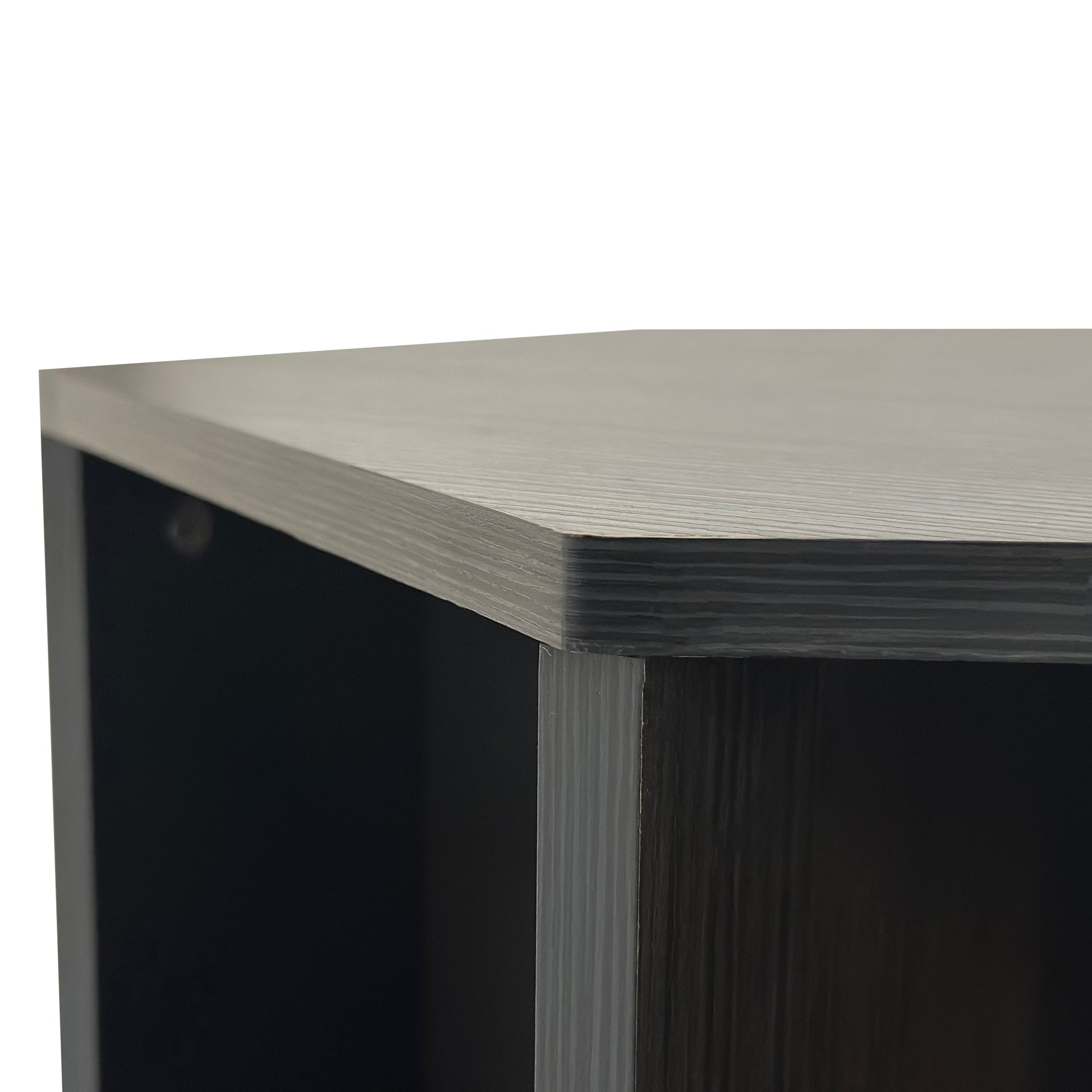 Dark gray wood grain laminate corner shelf edge detail