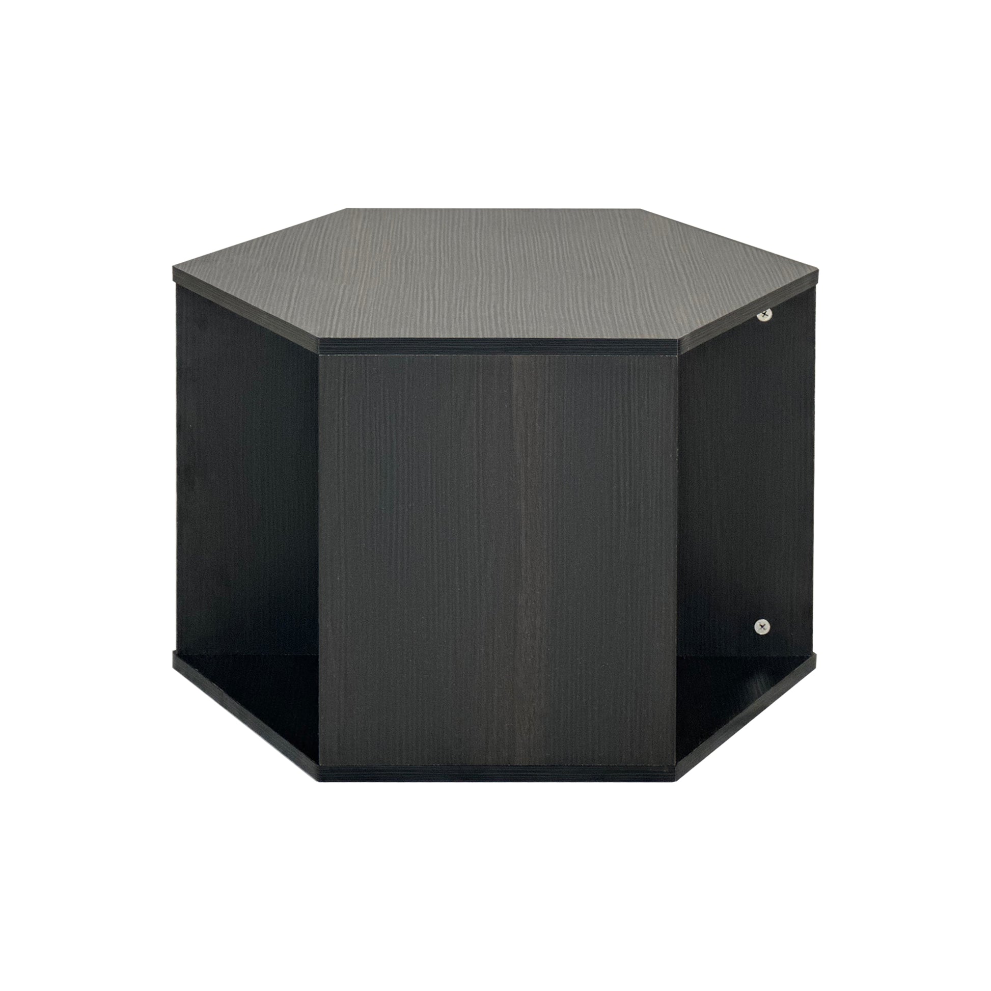 Dark wood effect hexagonal side table with minimalist design and open shelf