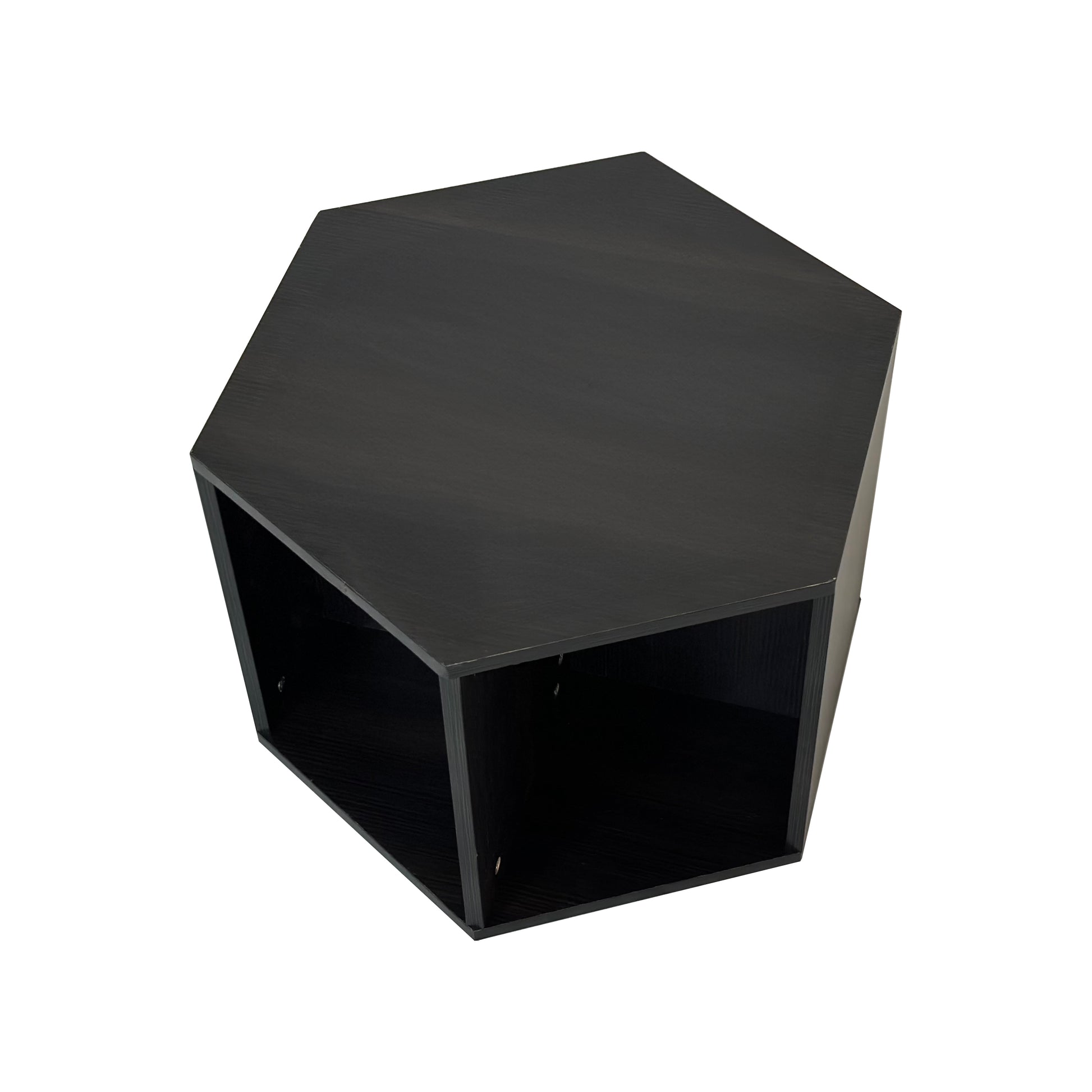 Black hexagonal modular shelf unit with open compartments