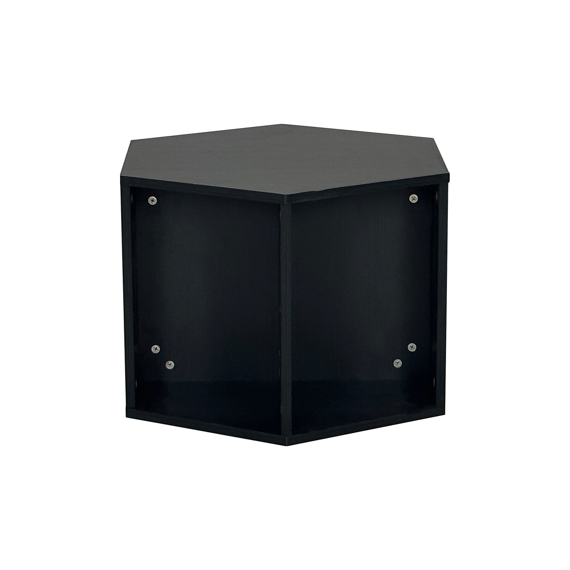 Black hexagonal corner shelf unit made from particleboard