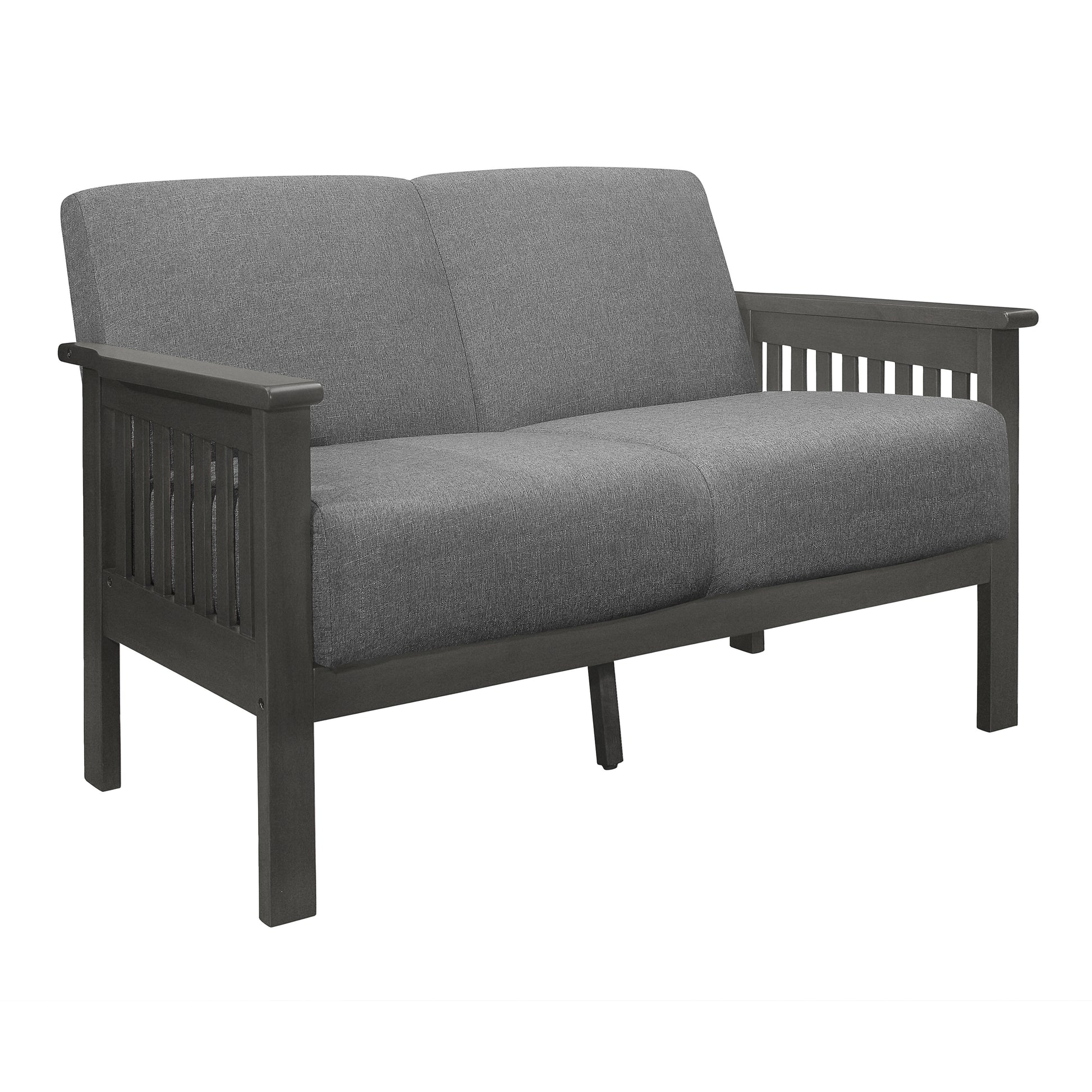 Grey fabric loveseat with dark wood frame and slatted arms