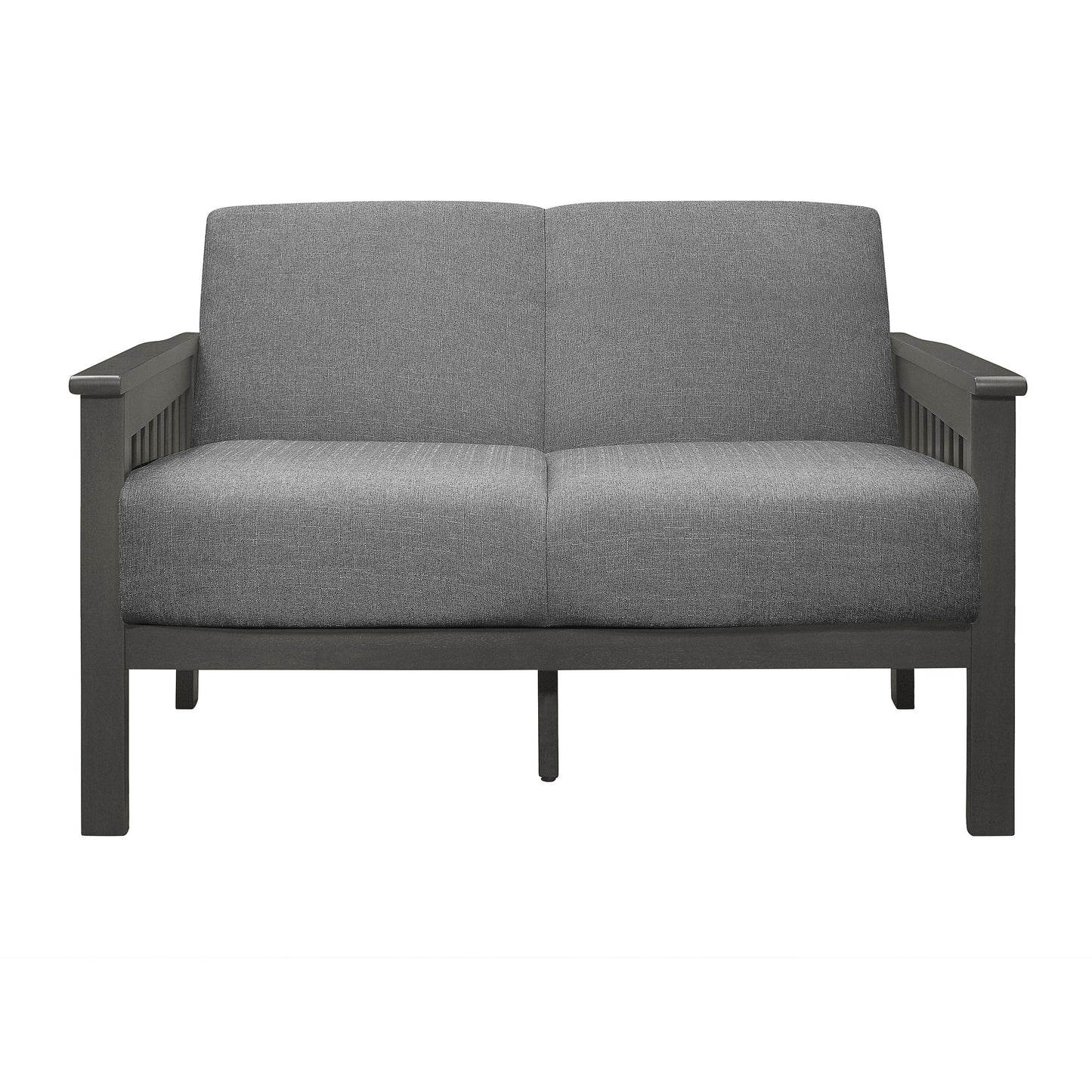 Gray fabric loveseat with dark wood frame modern outdoor seating option