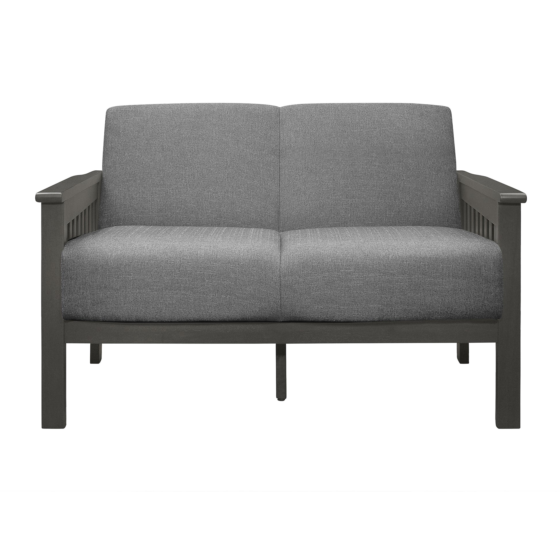 Gray fabric loveseat with dark wood frame modern outdoor seating option