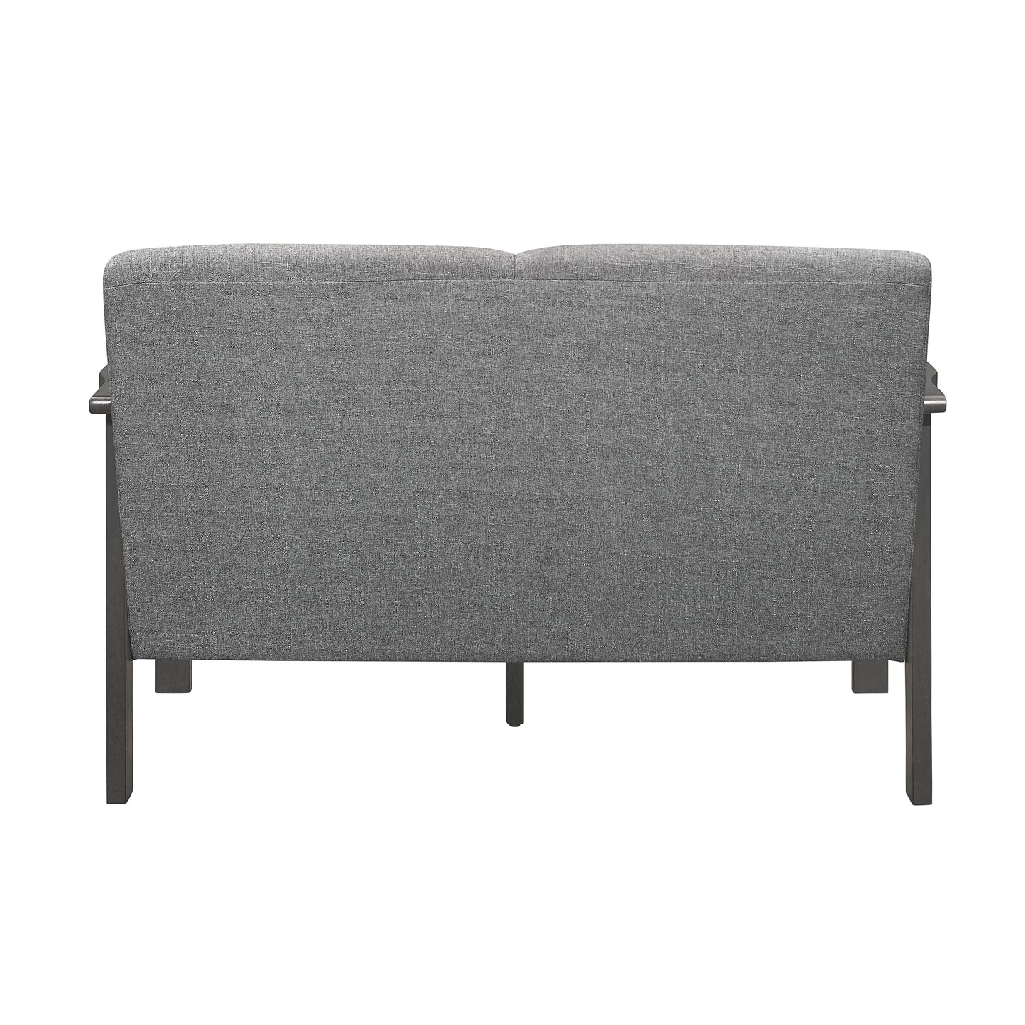Back view of a modern grey fabric loveseat with dark wood frame suitable for small living spaces